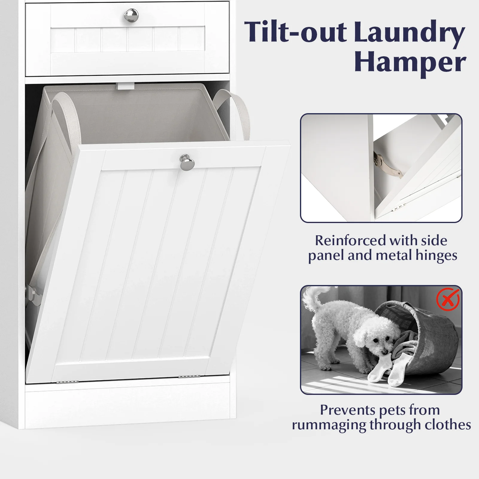 Laundry Hamper Cabinet With Drawer, Tilt-Out Design, White - Image 10