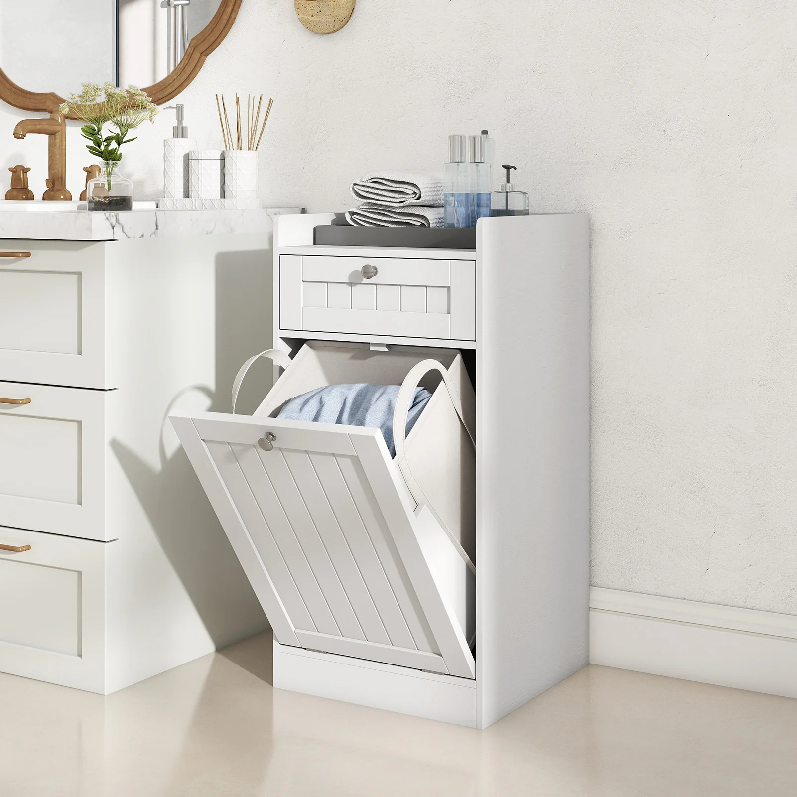 Laundry Hamper Cabinet With Drawer, Tilt-Out Design, White - Image 2