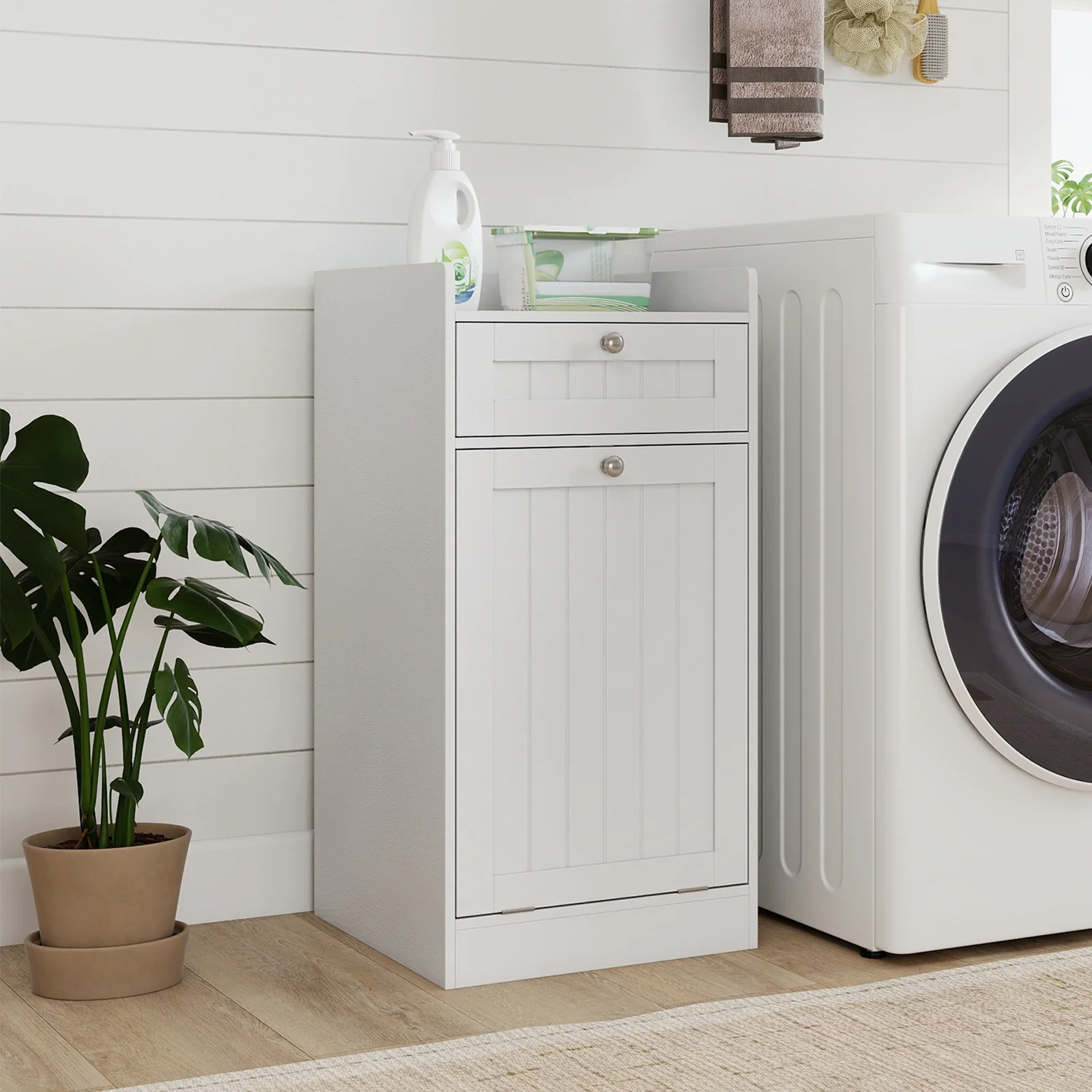 Laundry Hamper Cabinet With Drawer, Tilt-Out Design, White - Image 3