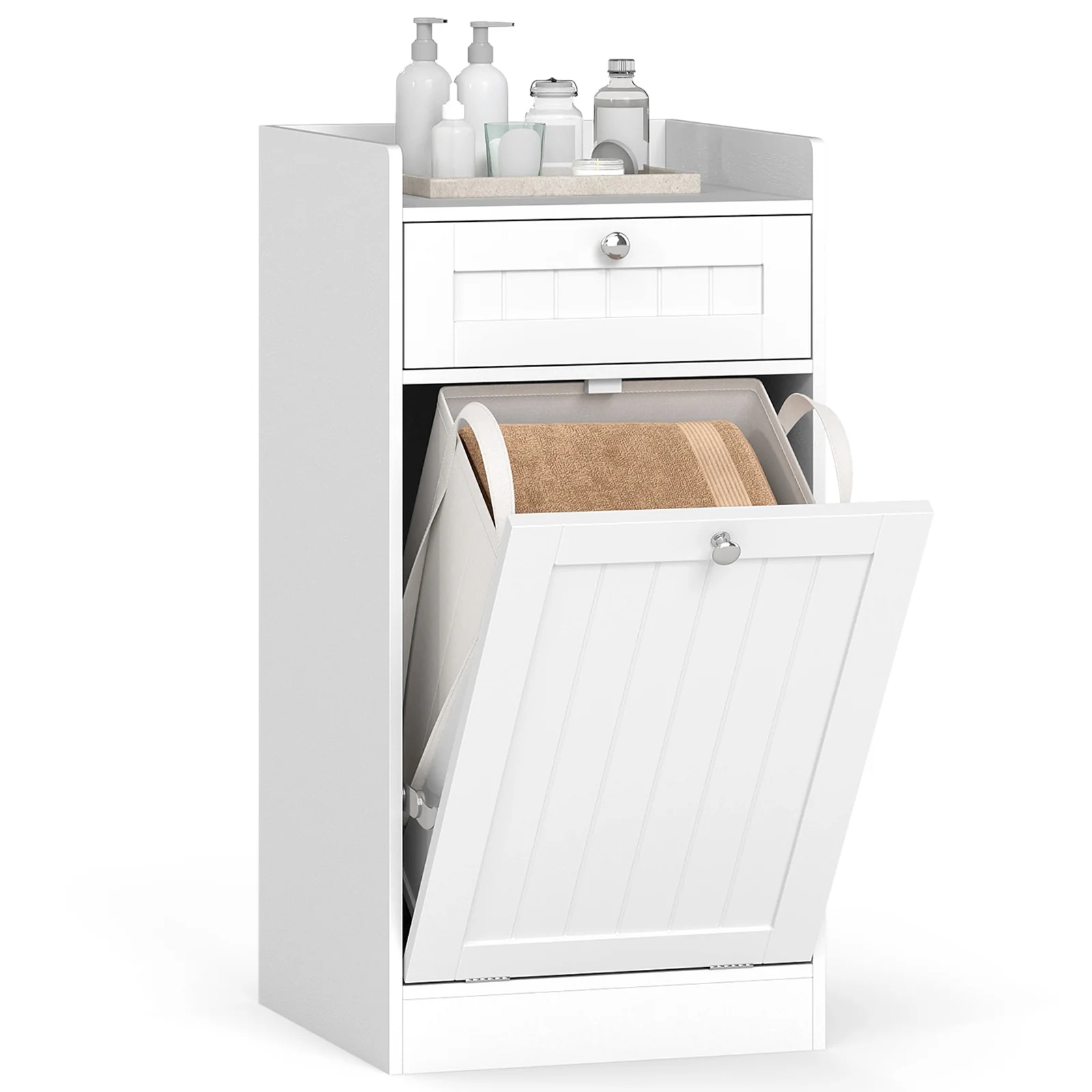 Laundry Hamper Cabinet With Drawer, Tilt-Out Design, White - Image 4