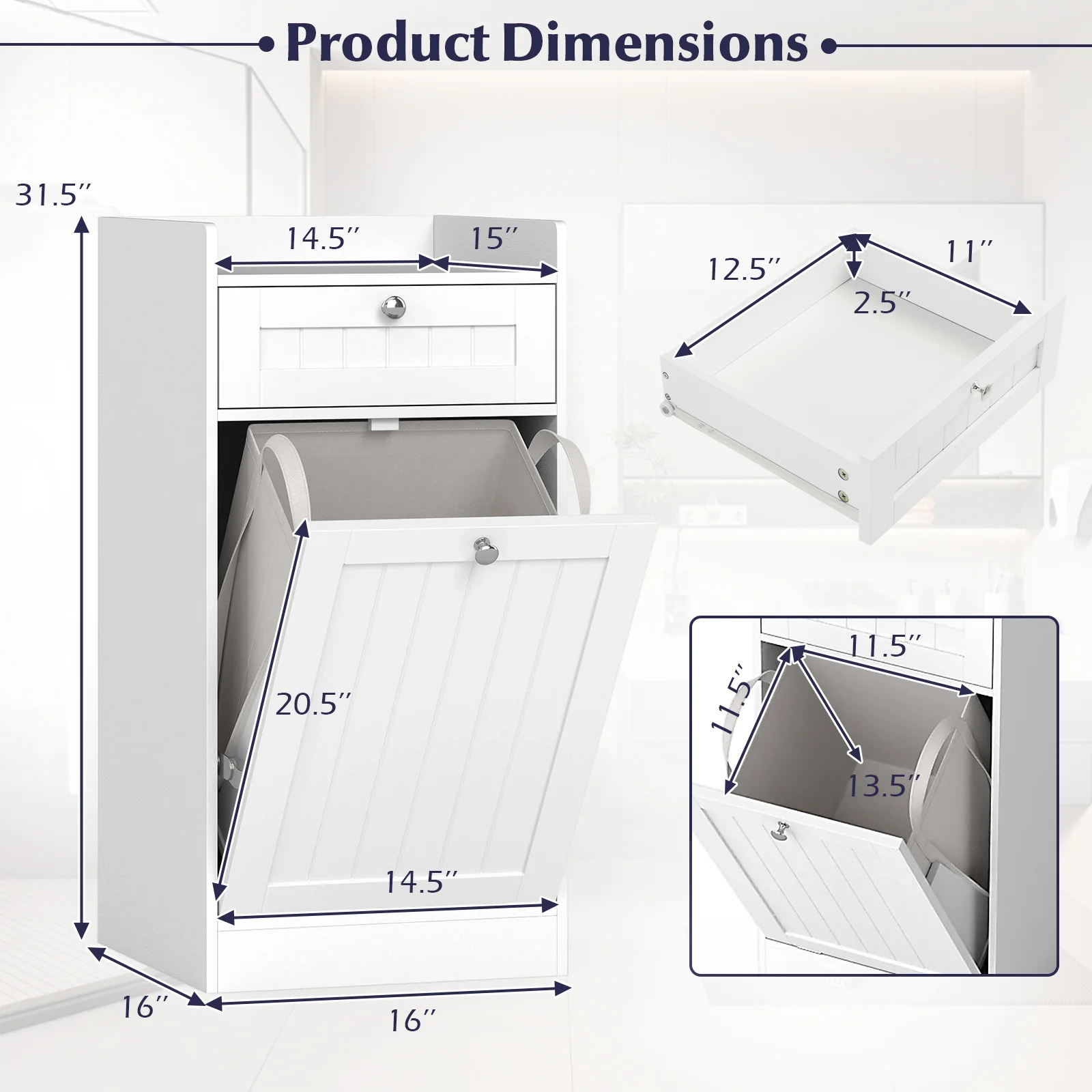 Laundry Hamper Cabinet With Drawer, Tilt-Out Design, White - Image 6