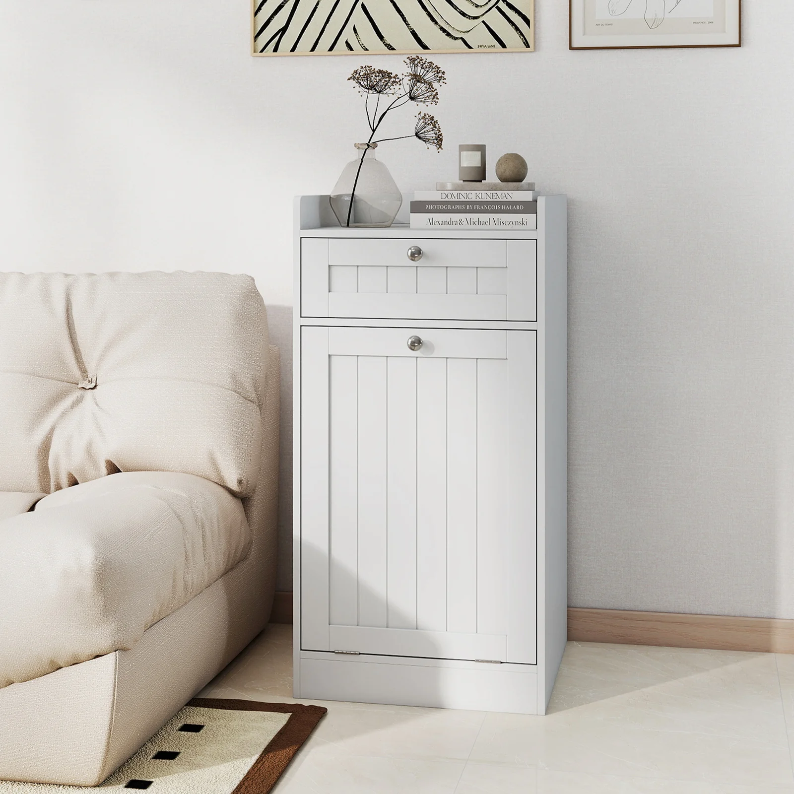 Laundry Hamper Cabinet With Drawer, Tilt-Out Design, White - Image 7