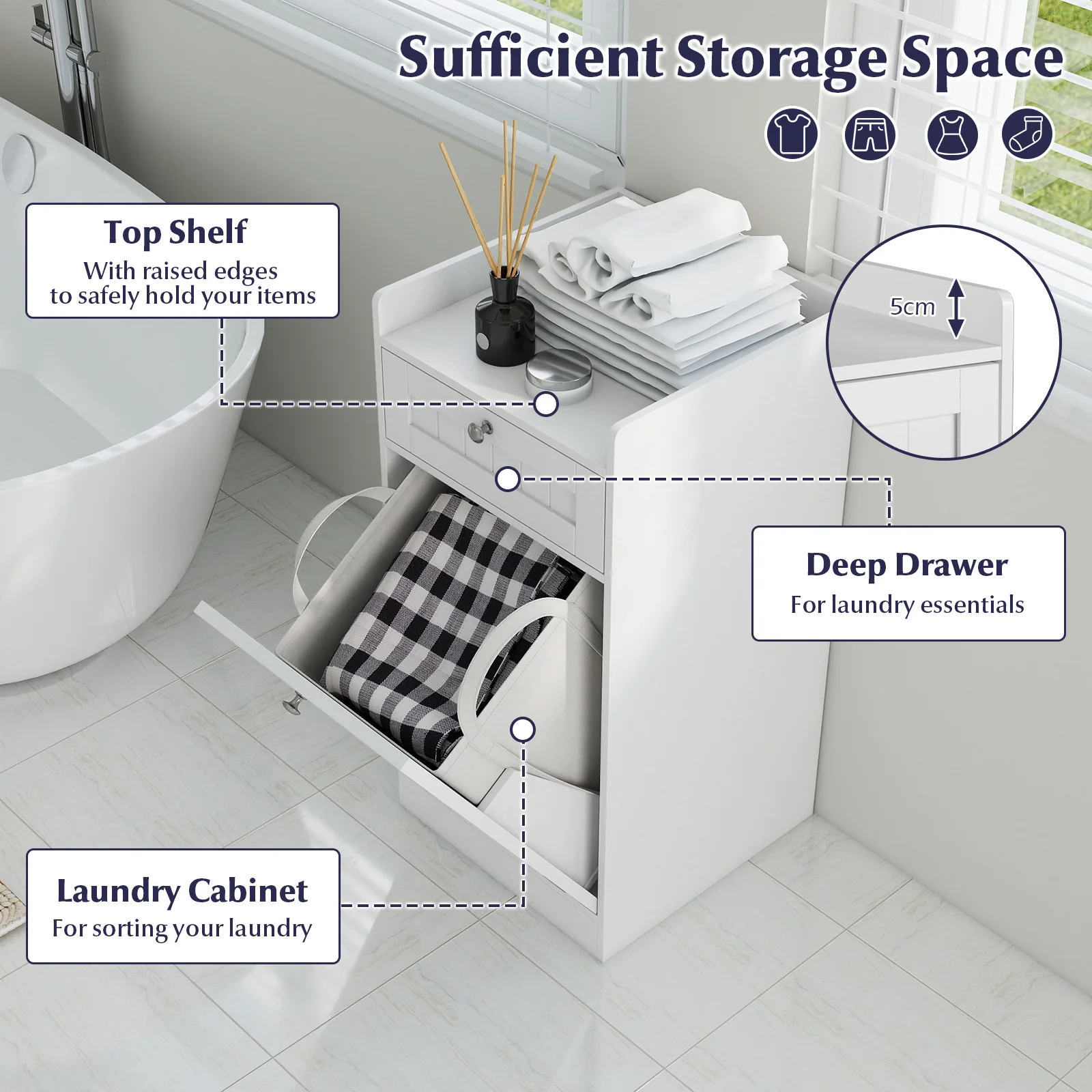 Laundry Hamper Cabinet With Drawer, Tilt-Out Design, White - Image 8