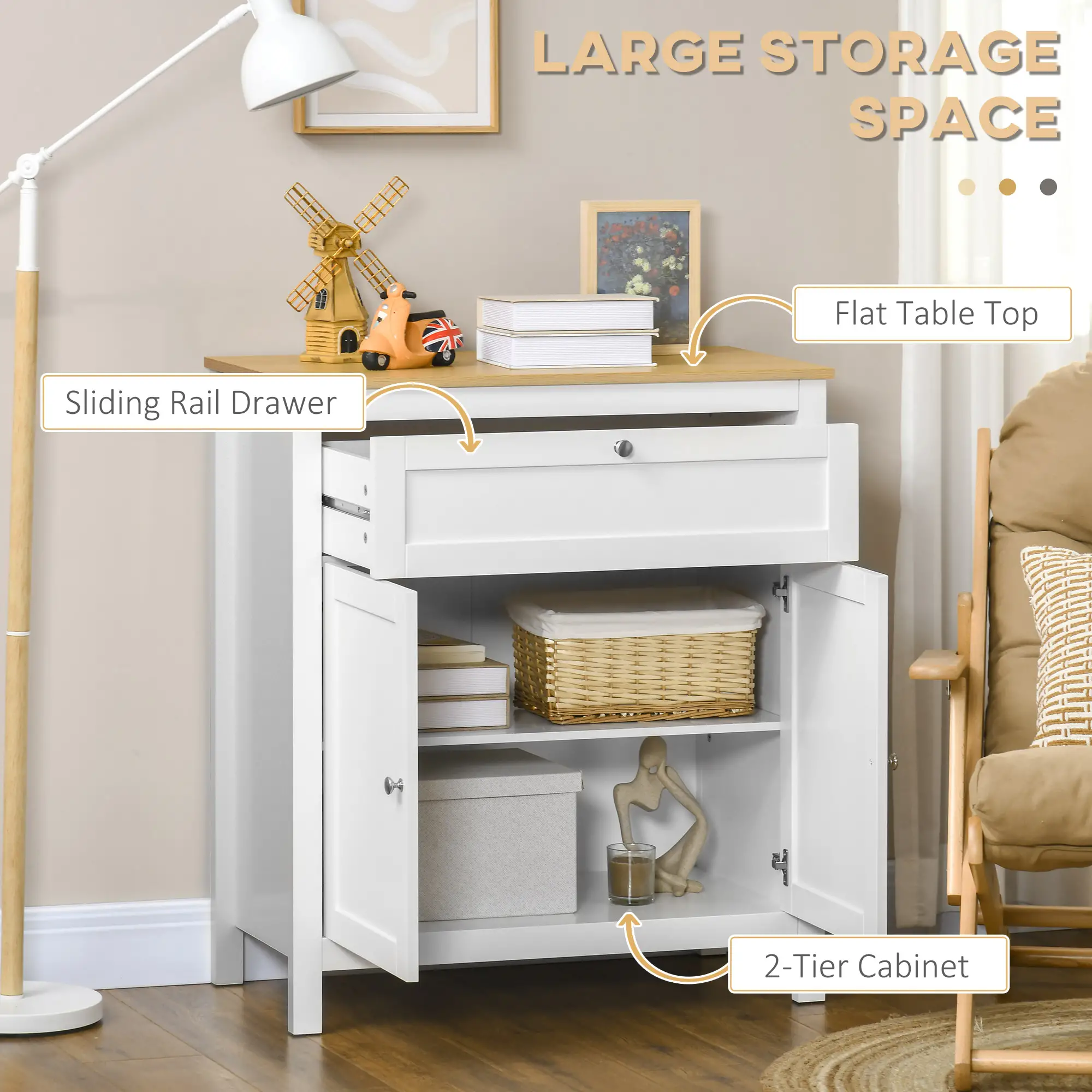 White Sideboard Cabinet, Buffet Table with Drawer, Double Door Cupboard, Adjustable Shelf, White - Image 4