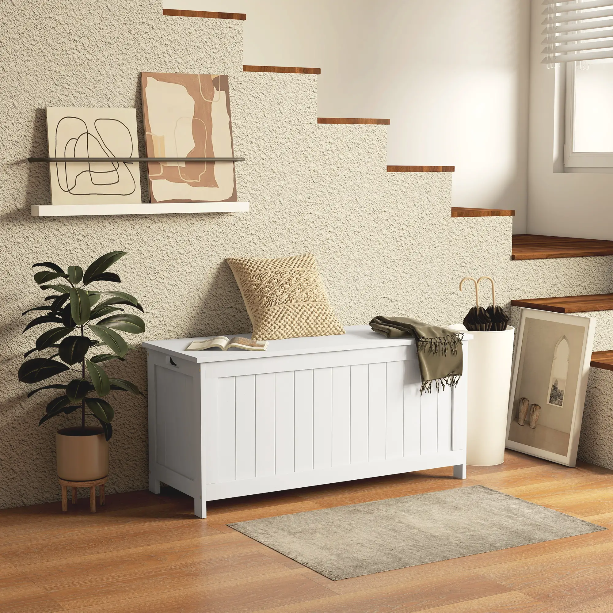 White Storage Trunk with Safety Hinges, Entryway Bench, Side Handles, White - Image 2