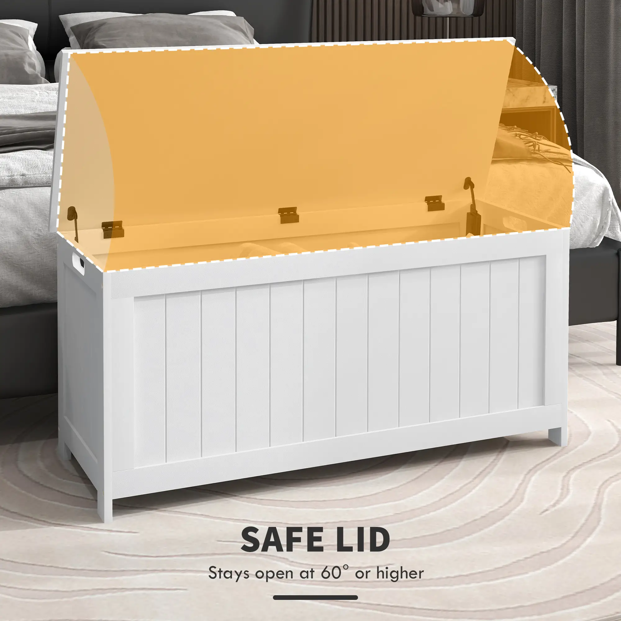 White Storage Trunk with Safety Hinges, Entryway Bench, Side Handles, White - Image 4