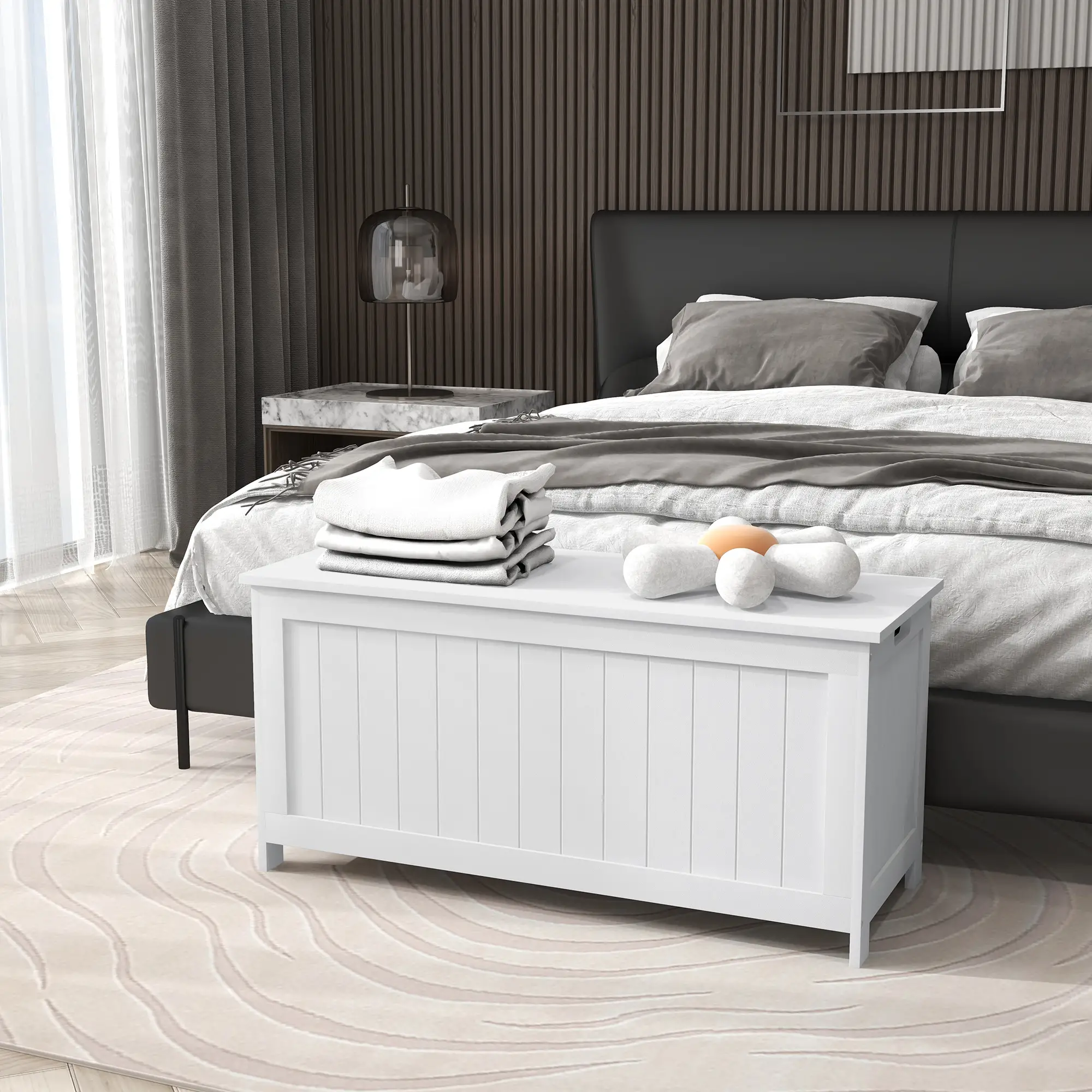 White Storage Trunk with Safety Hinges, Entryway Bench, Side Handles, White - Image 8
