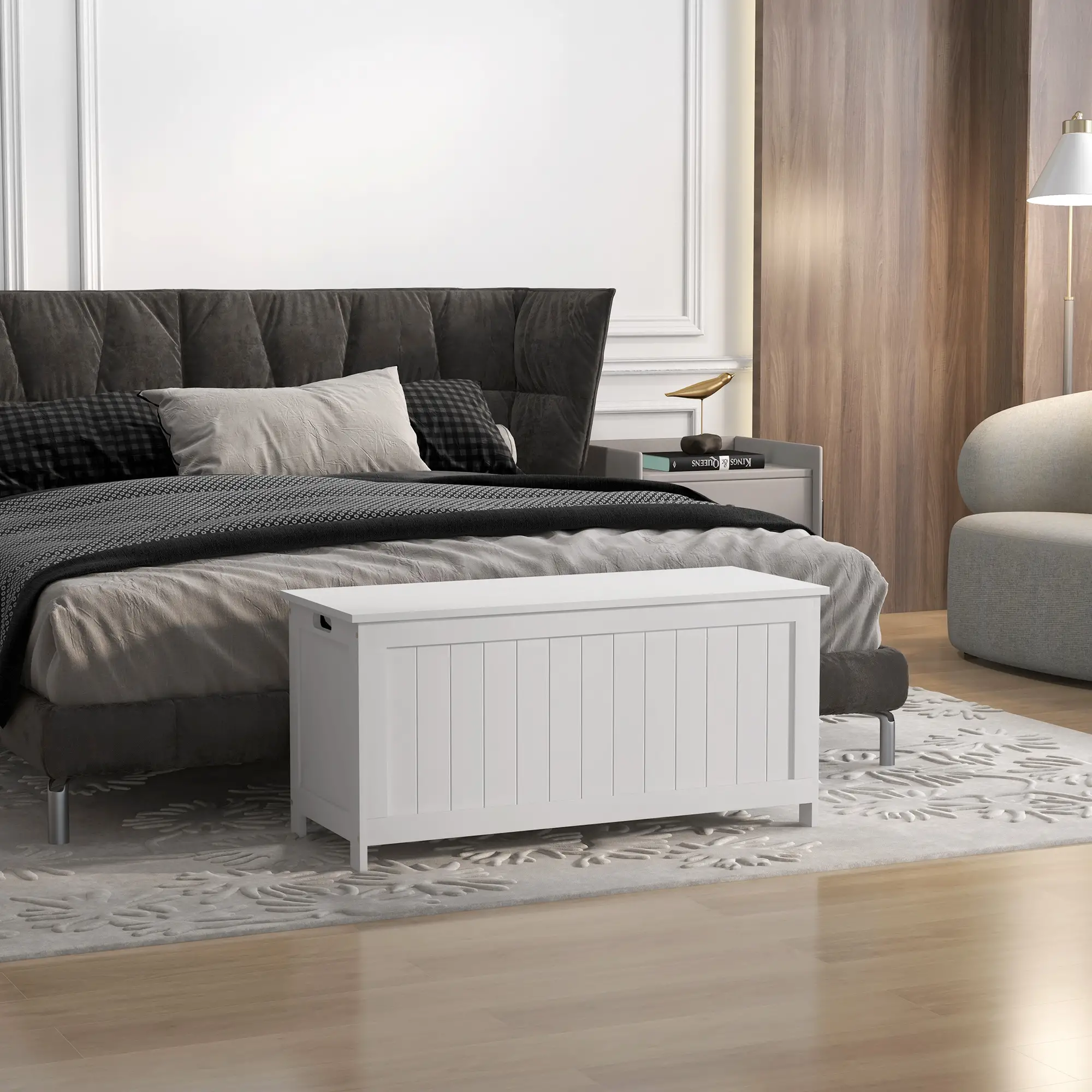 White Storage Trunk with Safety Hinges, Entryway Bench, Side Handles, White - Image 9
