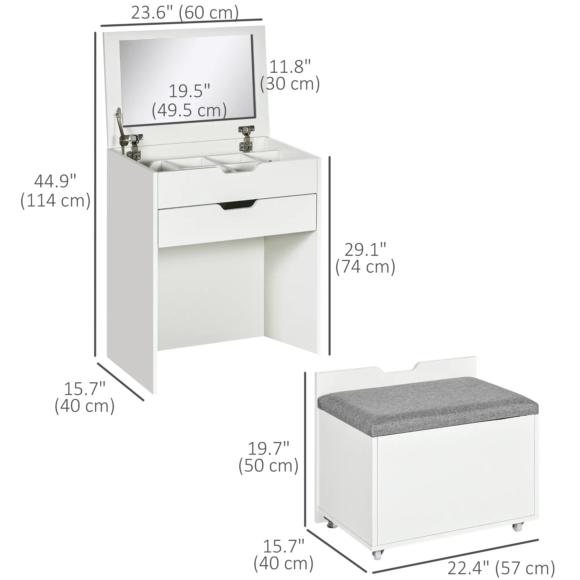 White Vanity Set with Flip Top Mirror, Desk with Stool, Drawer, White - Image 3