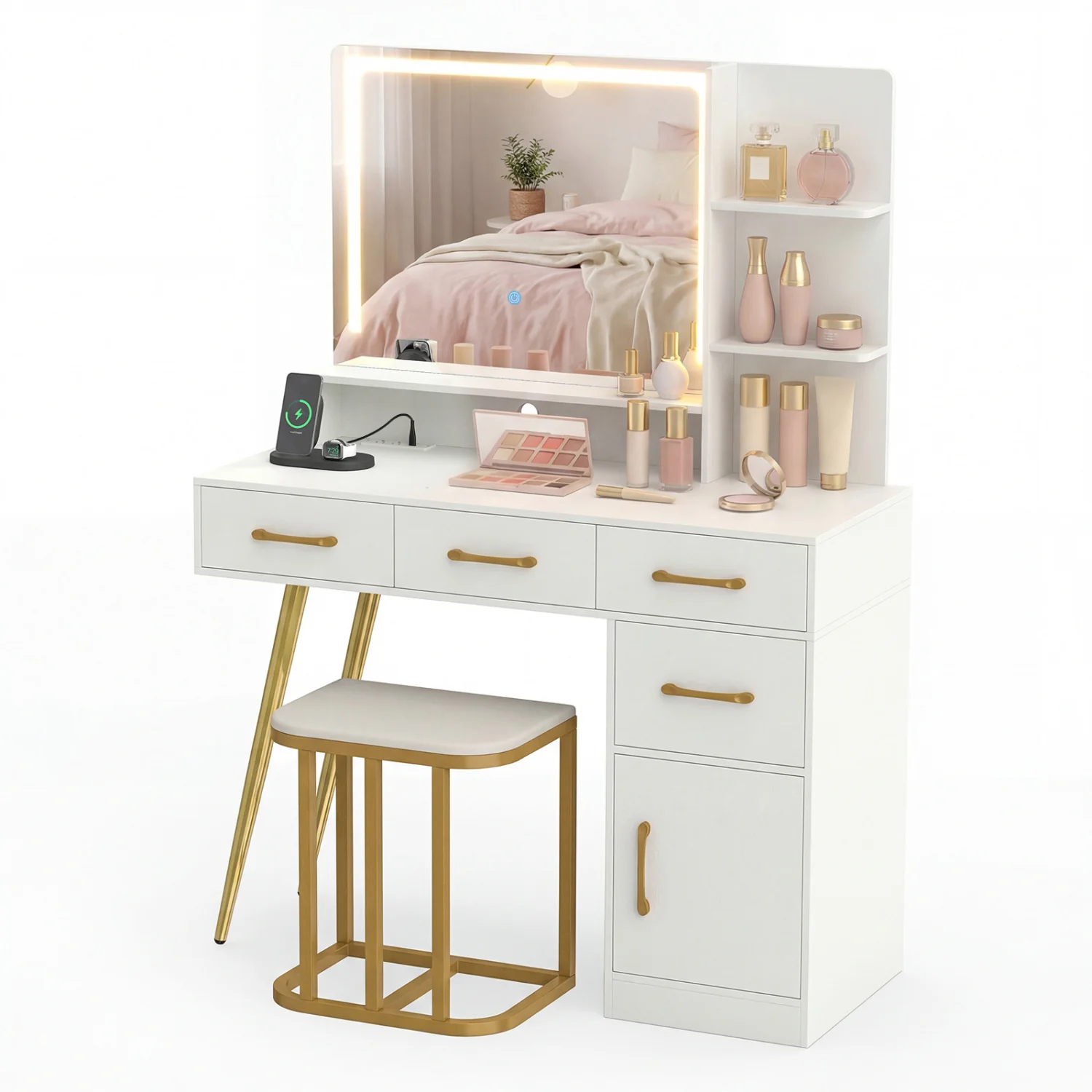 Vanity Set With Mirror, Lights, Adjustable Brightness, White