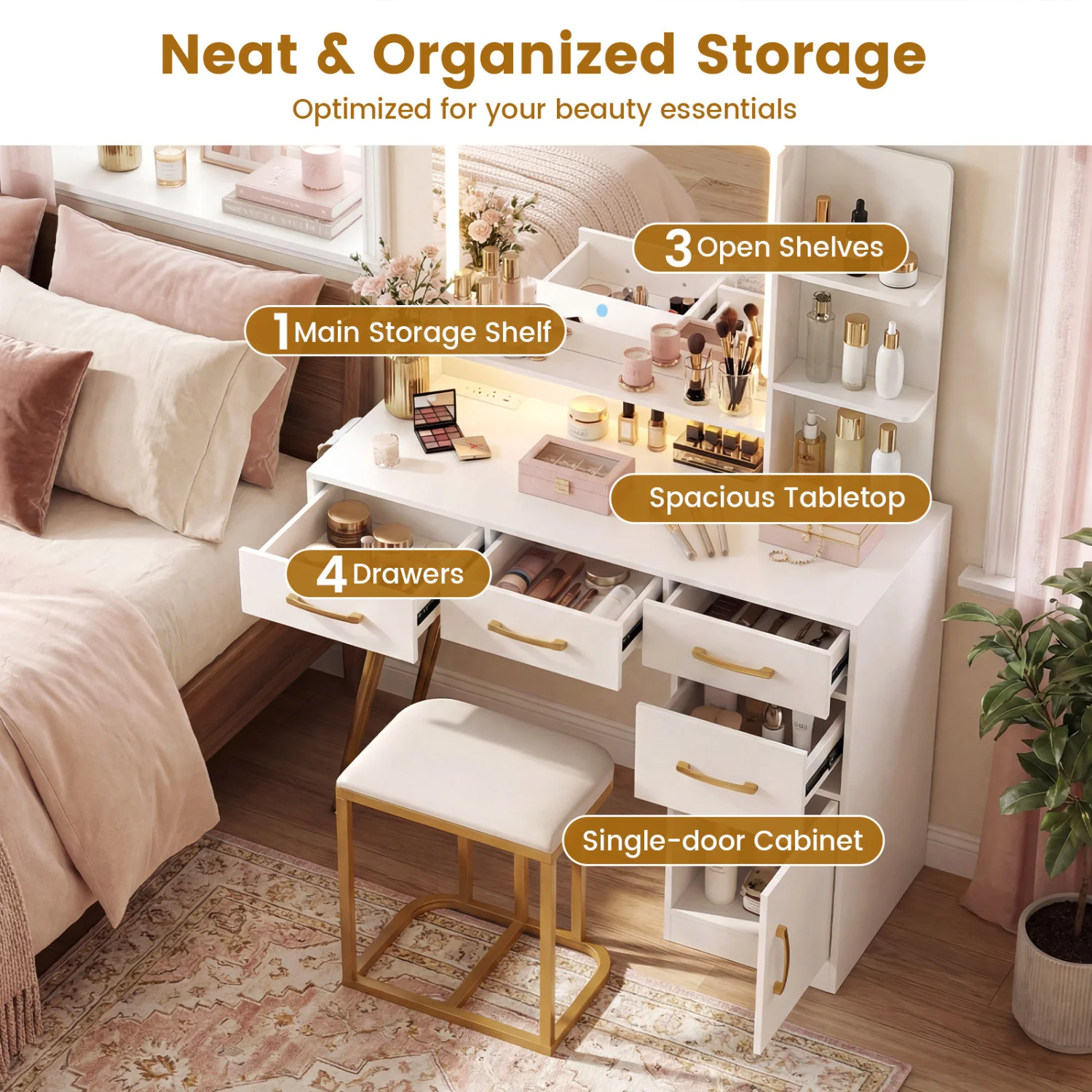 Vanity Set With Mirror, Lights, Adjustable Brightness, White - Image 10