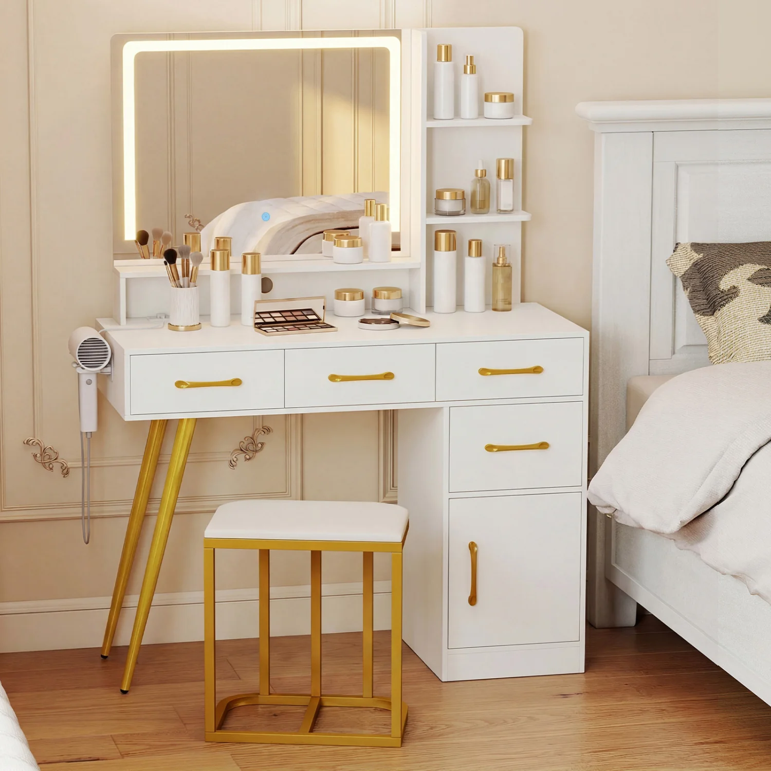 Vanity Set With Mirror, Lights, Adjustable Brightness, White - Image 2