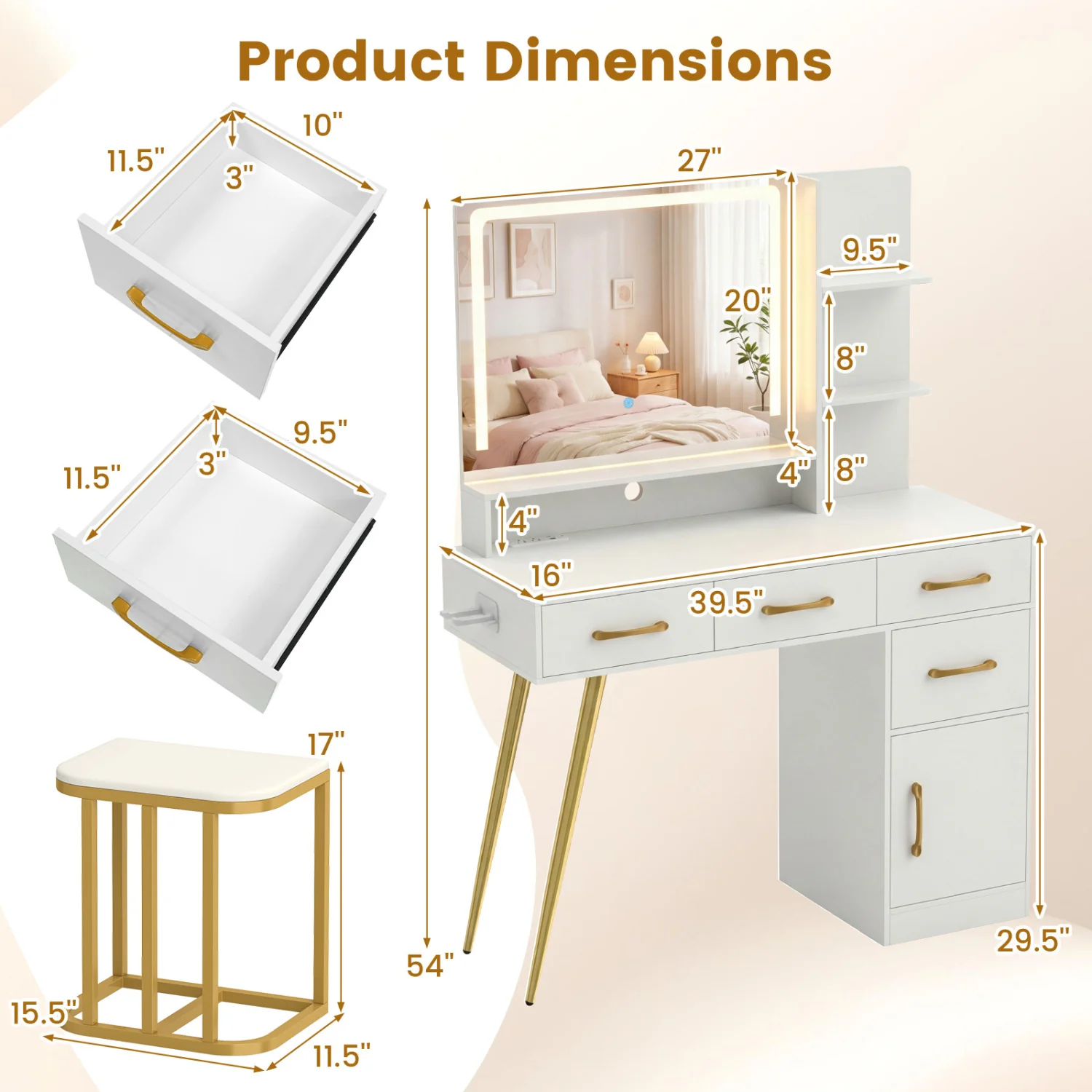 Vanity Set With Mirror, Lights, Adjustable Brightness, White - Image 6