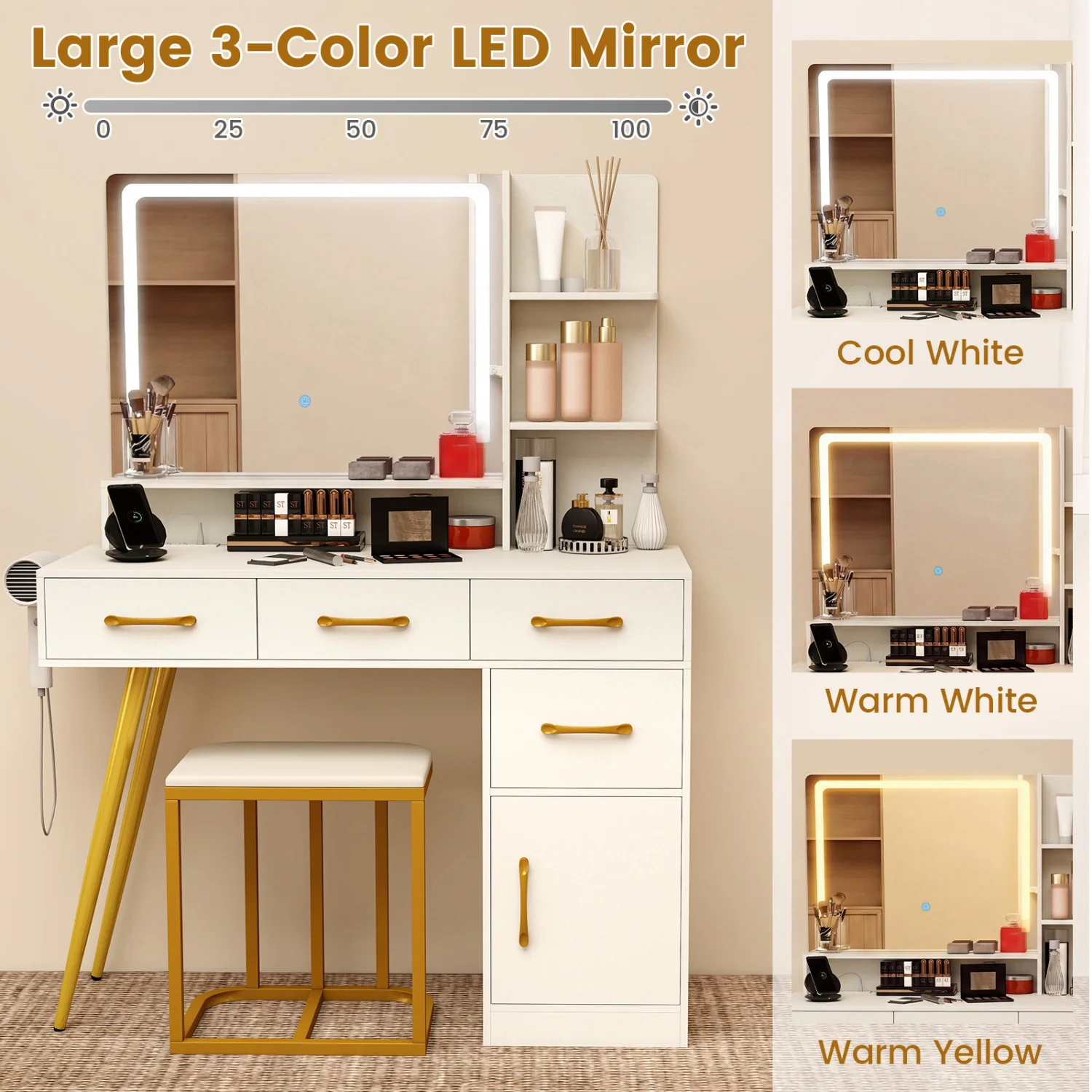 Vanity Set With Mirror, Lights, Adjustable Brightness, White - Image 8