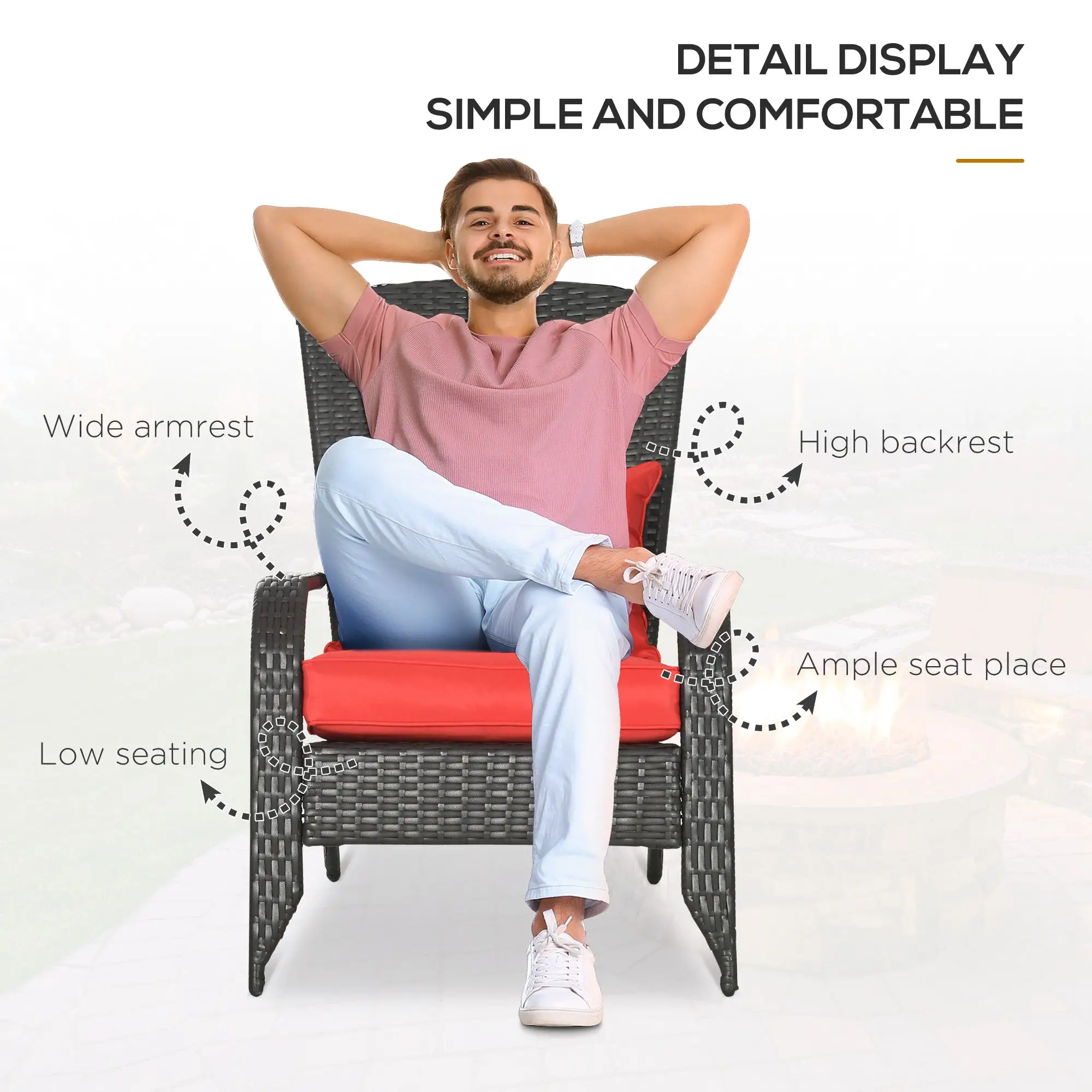 Wicker Adirondack Chair, Outdoor Rattan with Cushions, Red - Image 5