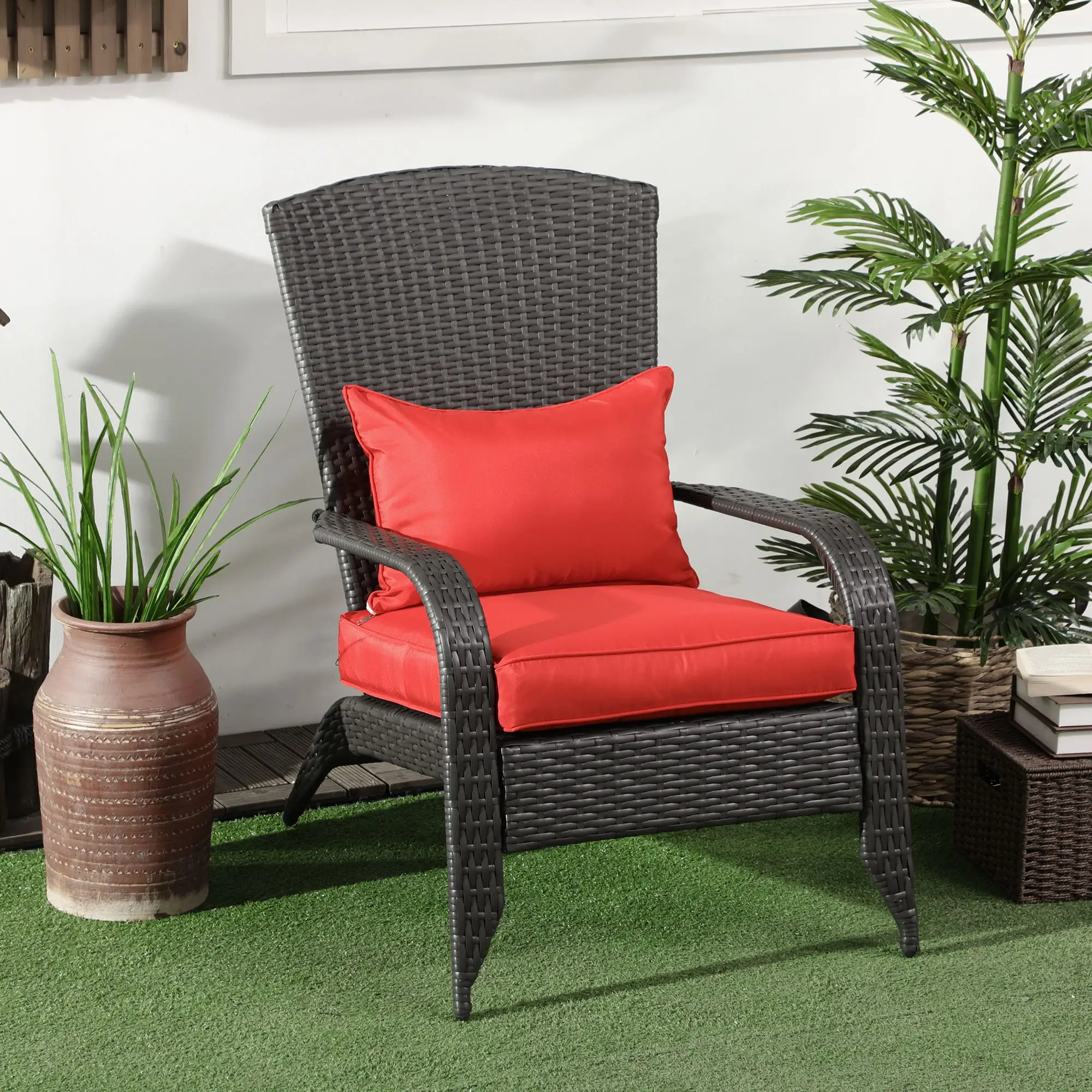 Wicker Adirondack Chair, Outdoor Rattan with Cushions, Red - Image 8
