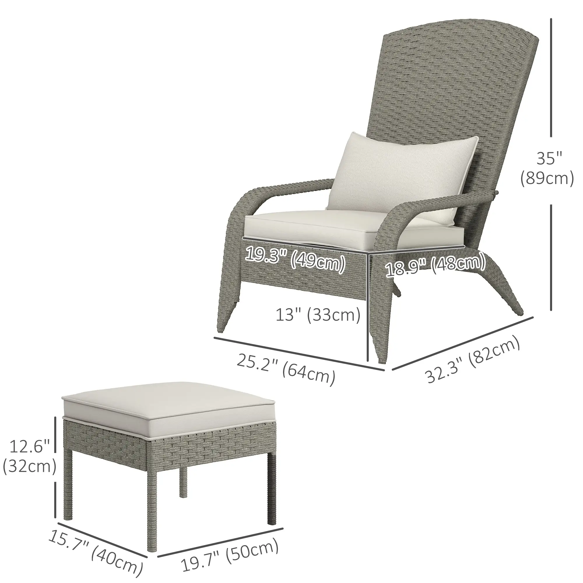 Wicker Adirondack Chair with Ottoman, Patio Cushioned, Outdoor, Grey/Cream White - Image 3