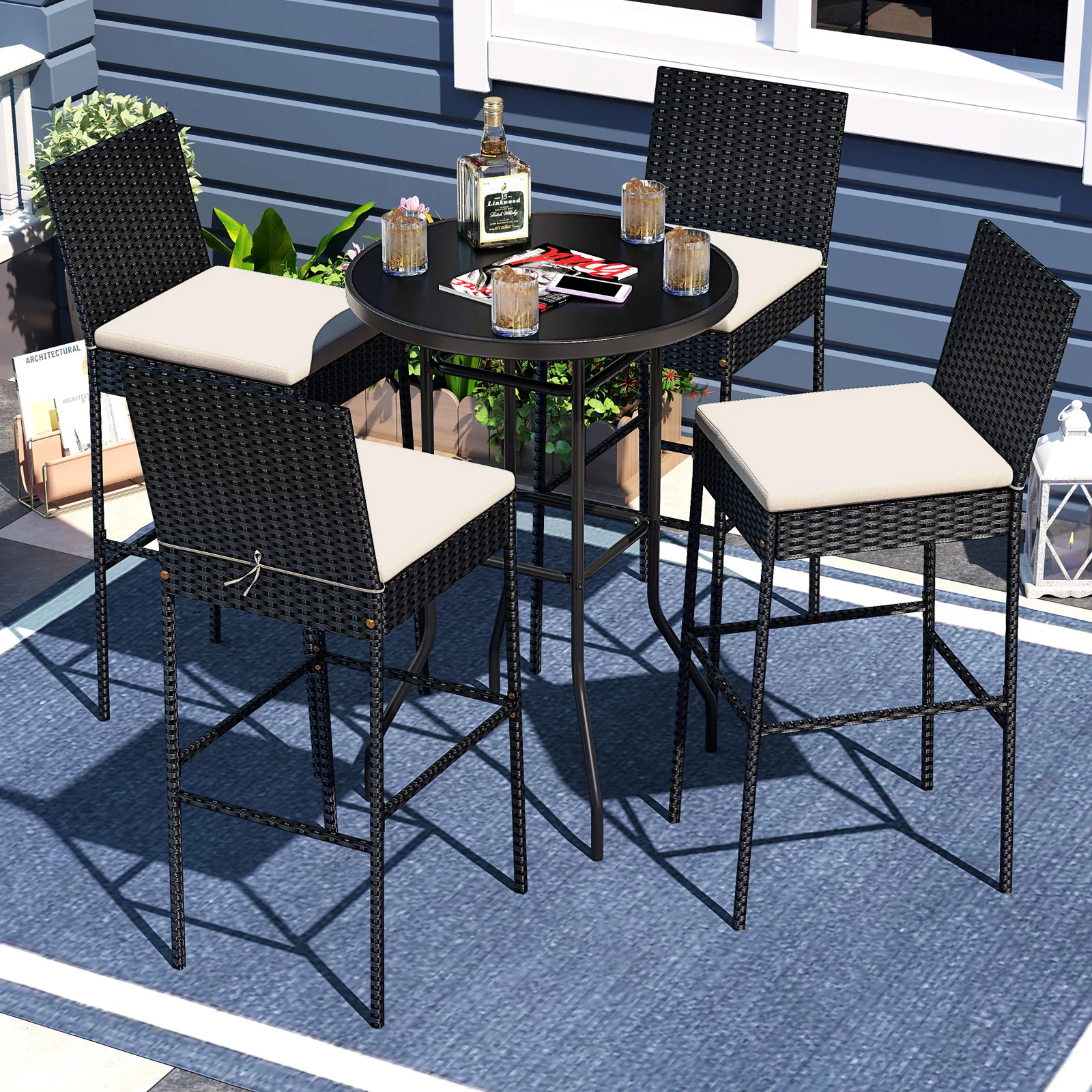 Wicker Barstools With Footrest, Backrest, Set Of 4, Black - Image 2