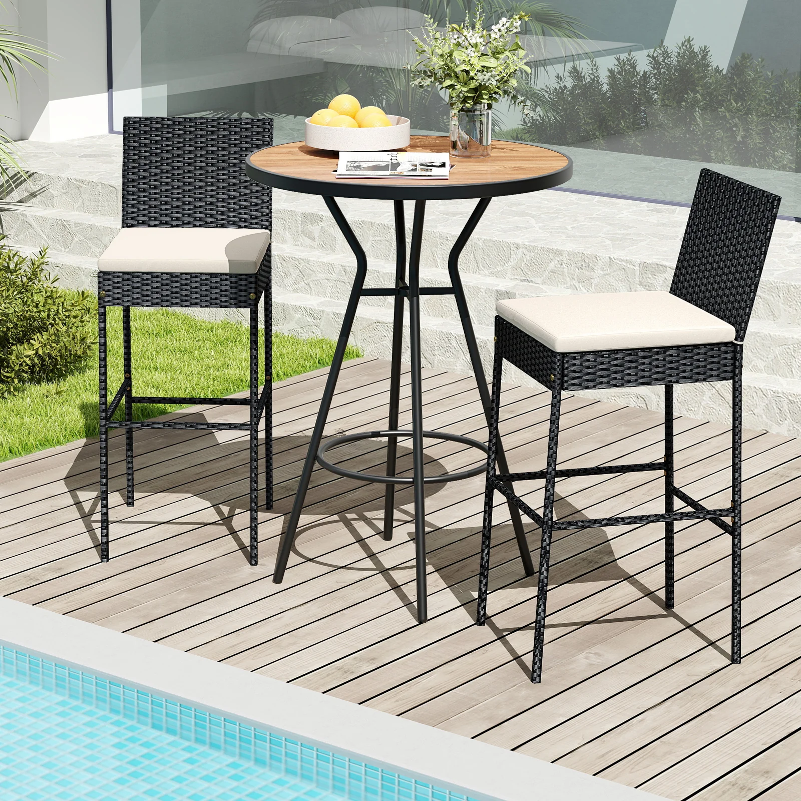 Wicker Barstools With Footrest, Backrest, Set Of 4, Black - Image 3