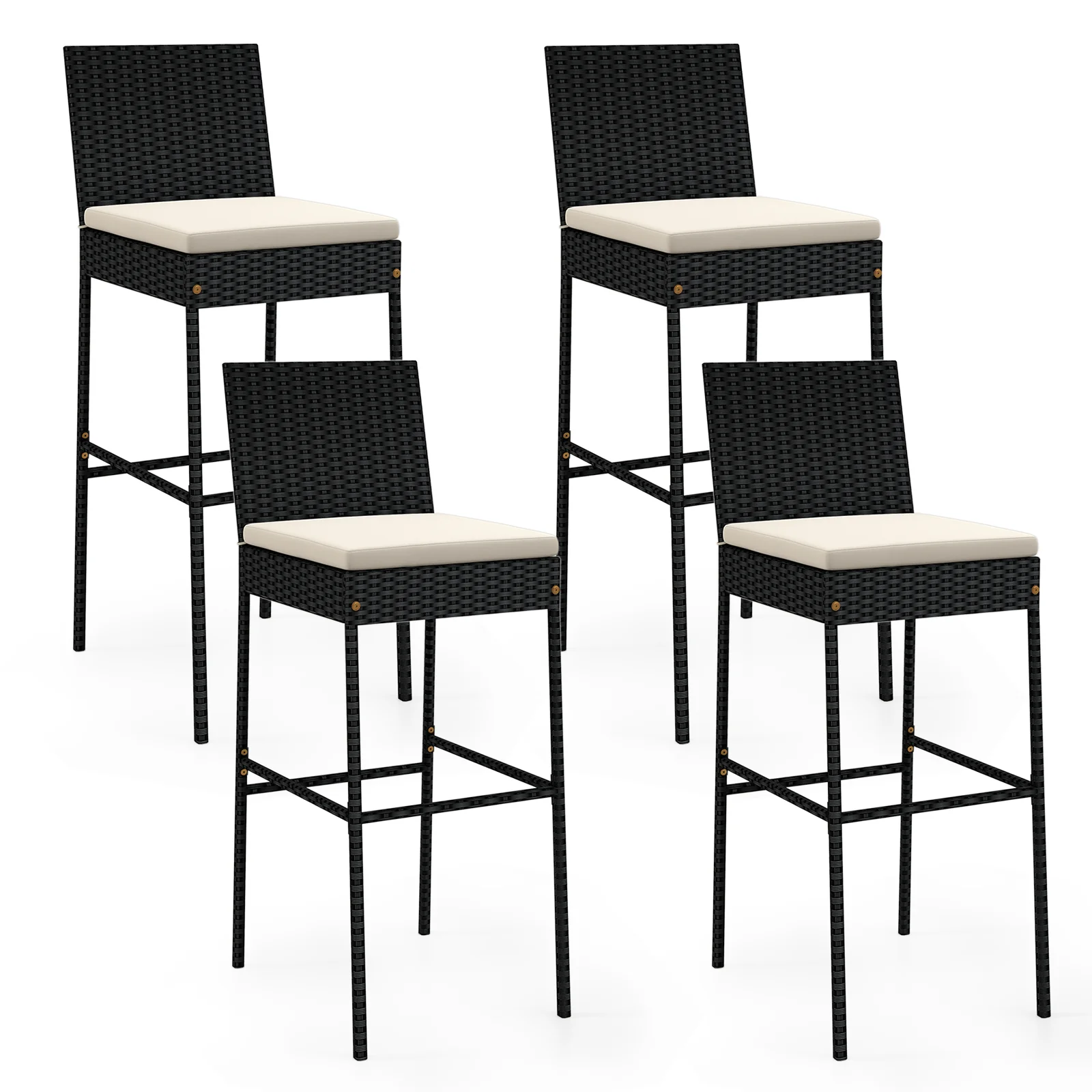 Wicker Barstools With Footrest, Backrest, Set Of 4, Black - Image 4
