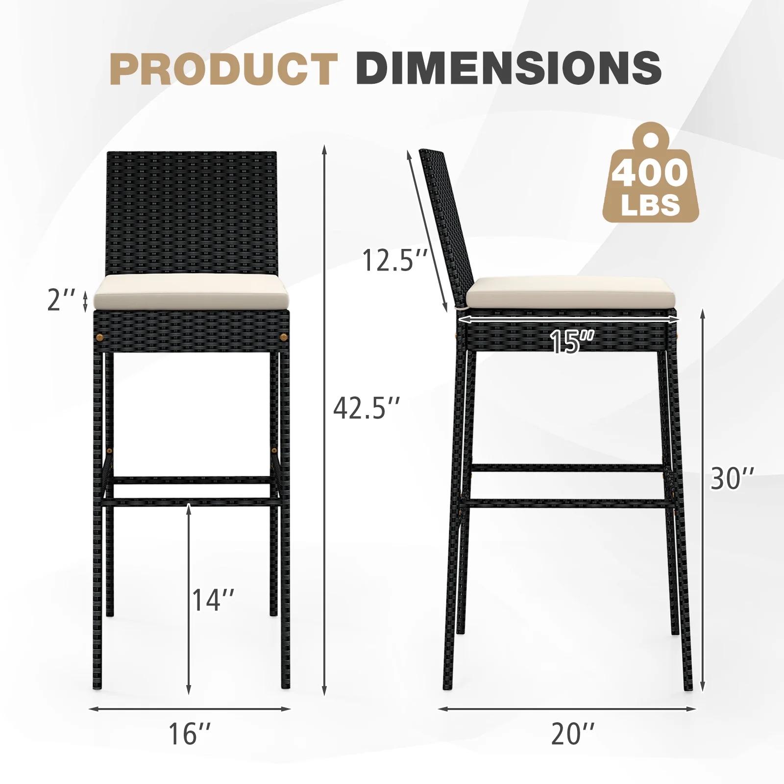 Wicker Barstools With Footrest, Backrest, Set Of 4, Black - Image 5