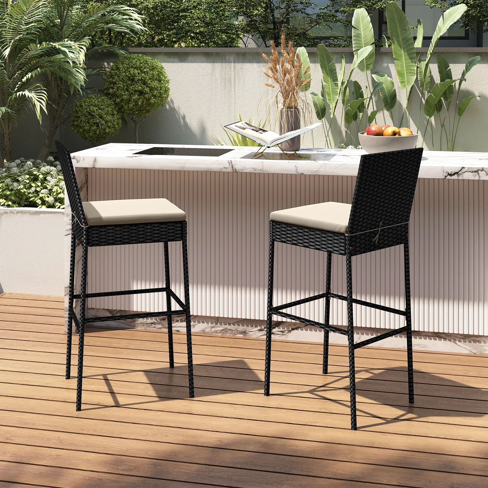 Wicker Barstools With Footrest, Backrest, Set Of 4, Black - Image 6