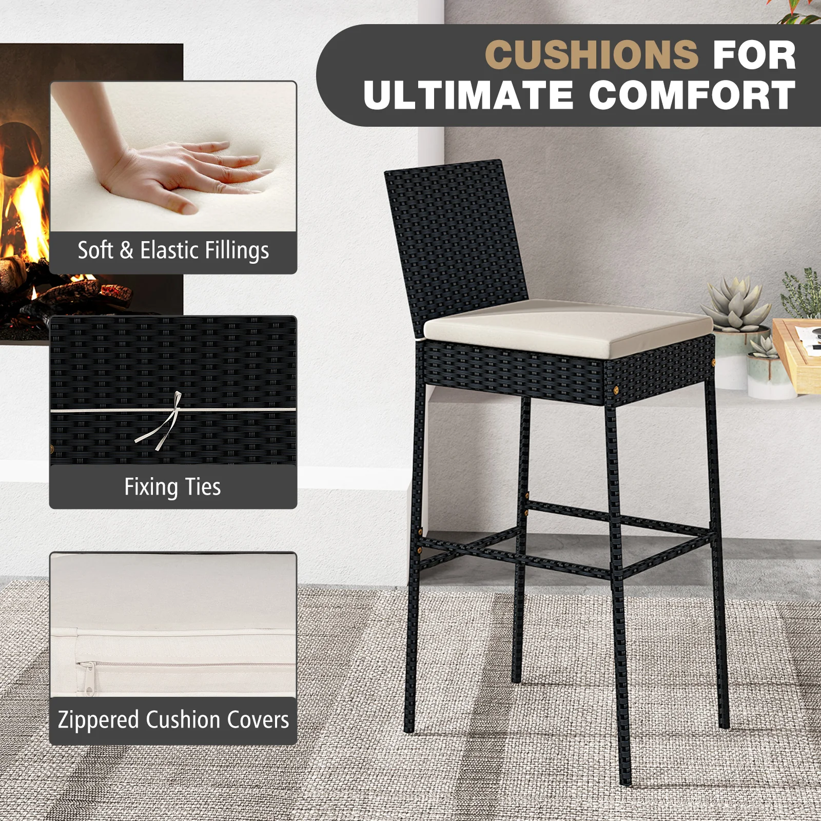 Wicker Barstools With Footrest, Backrest, Set Of 4, Black - Image 8