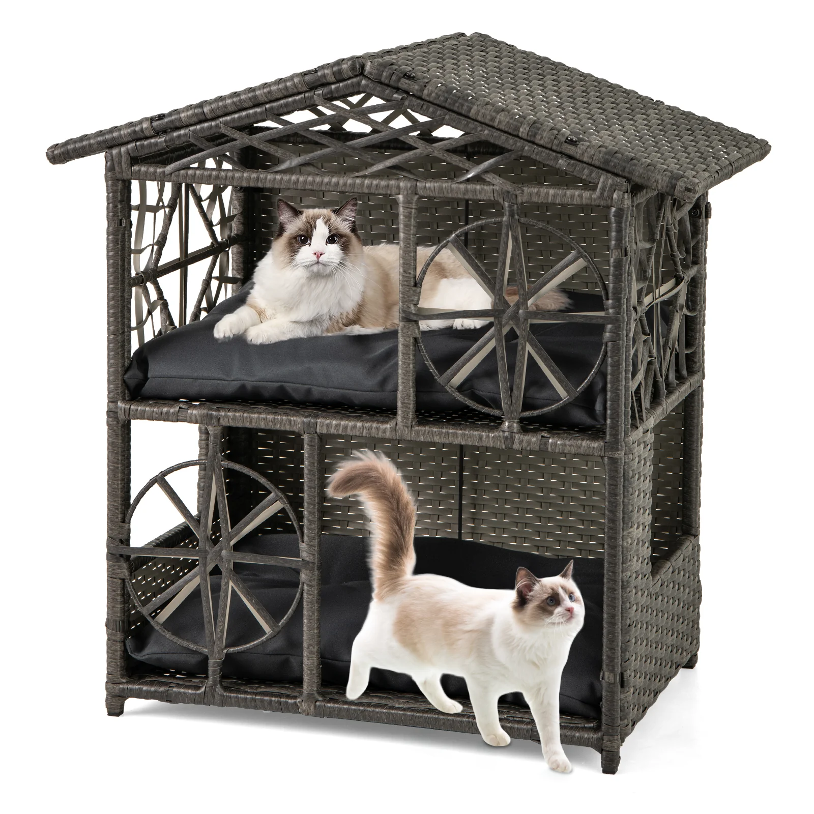 Wicker Cat House, 2-Storey Rattan Condo, Removable Cushions, Gray