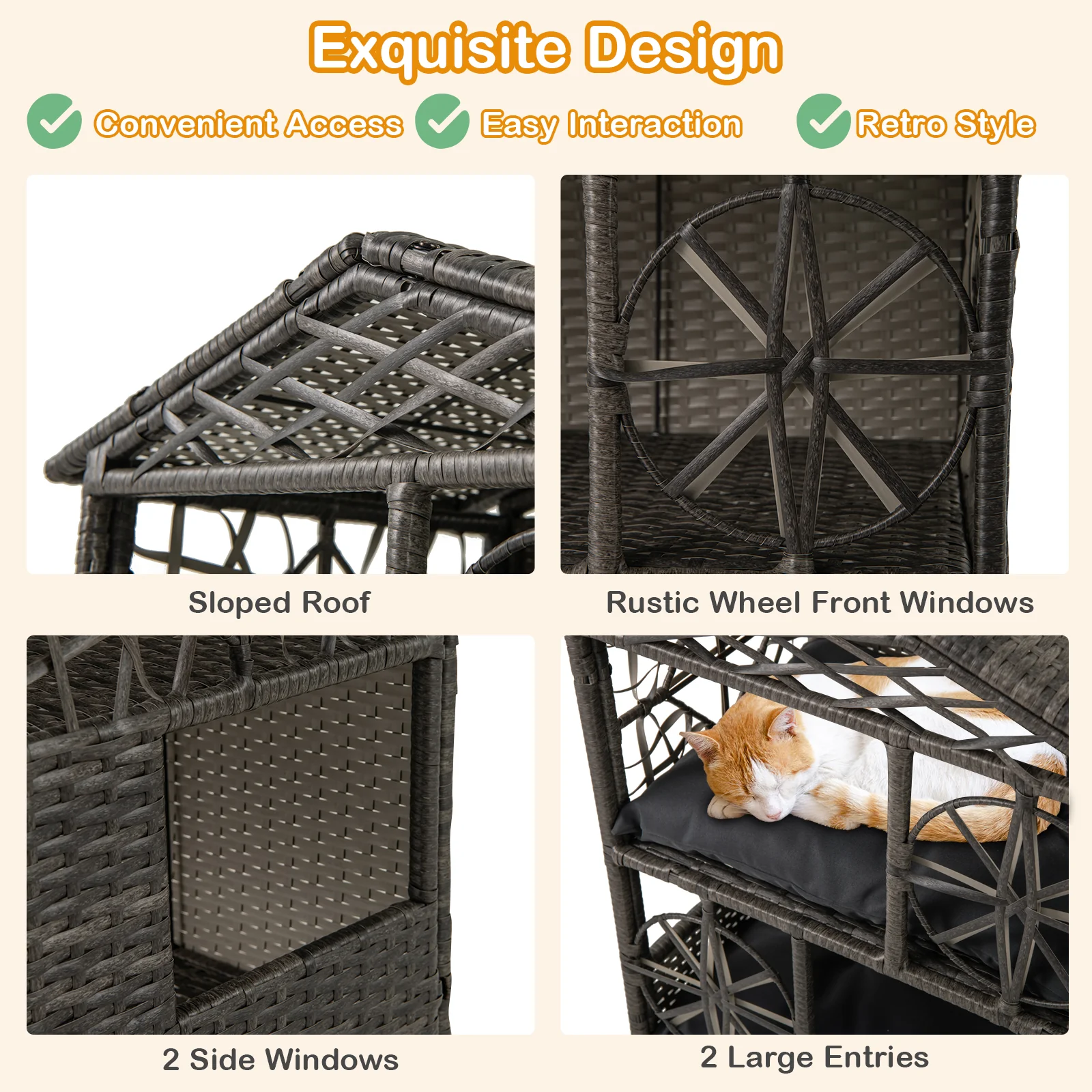 Wicker Cat House, 2-Storey Rattan Condo, Removable Cushions, Gray - Image 10