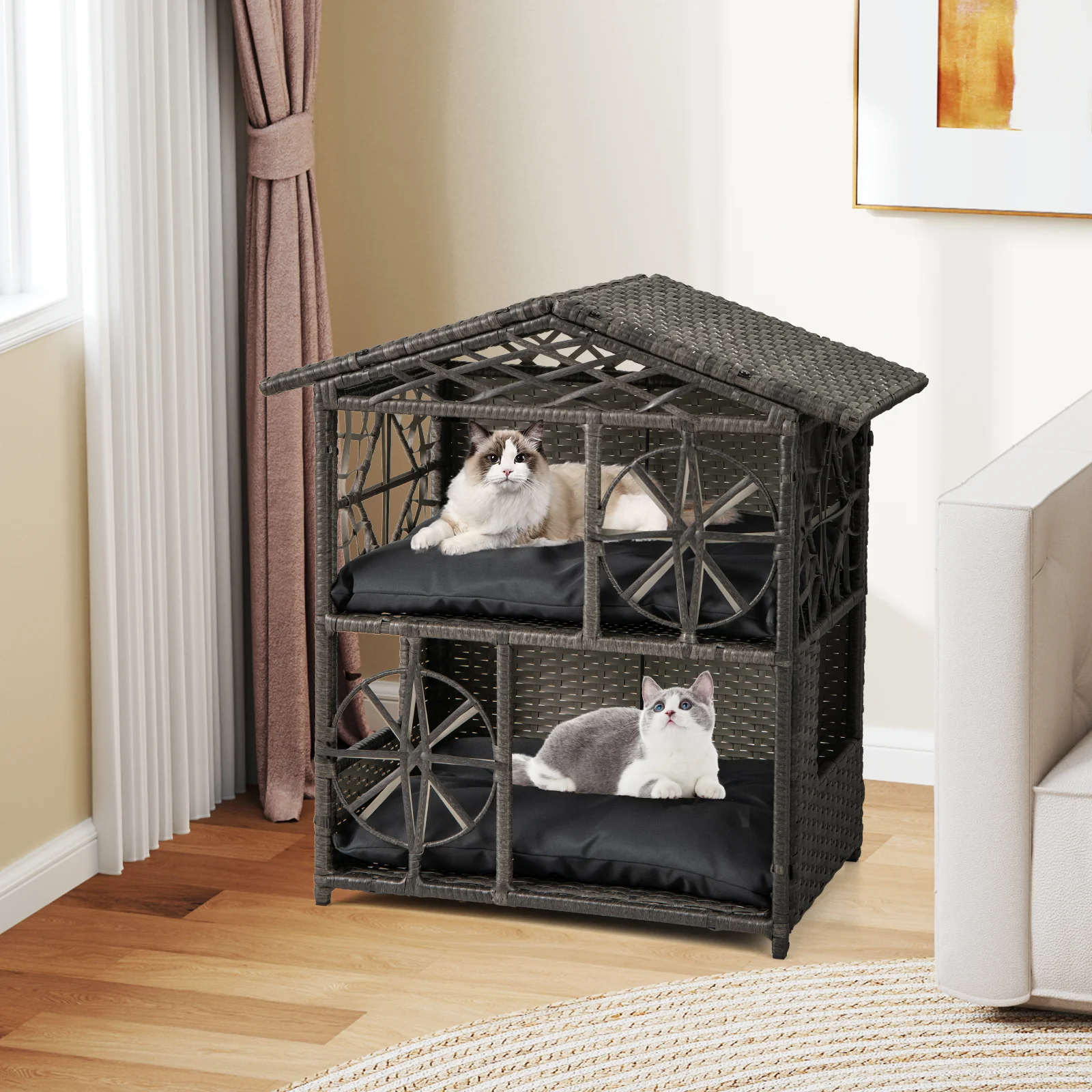 Wicker Cat House, 2-Storey Rattan Condo, Removable Cushions, Gray - Image 2