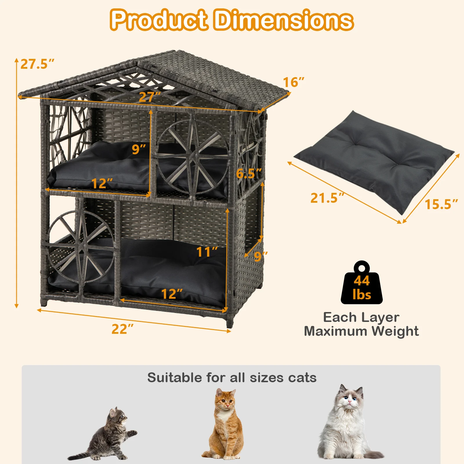 Wicker Cat House, 2-Storey Rattan Condo, Removable Cushions, Gray - Image 5