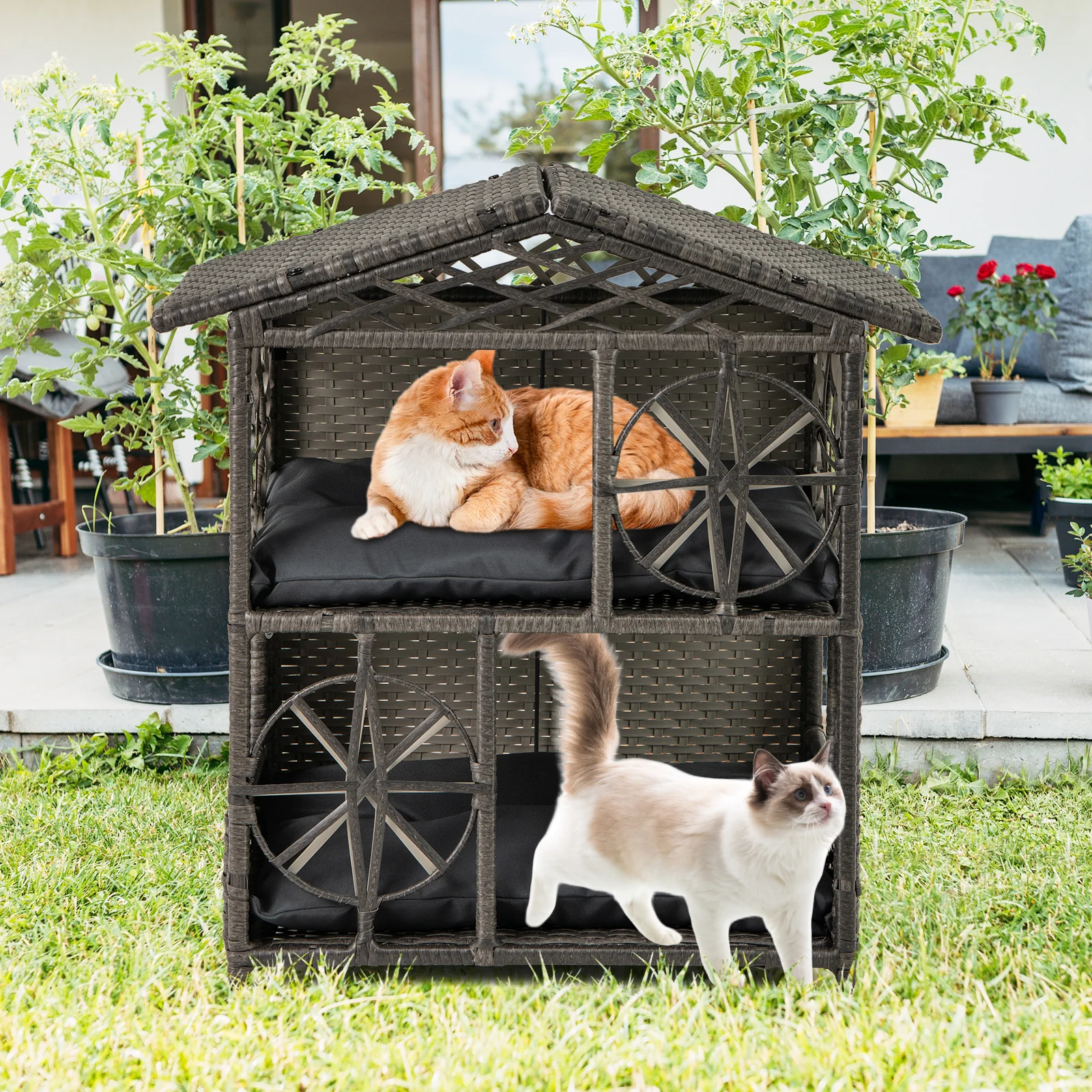 Wicker Cat House, 2-Storey Rattan Condo, Removable Cushions, Gray - Image 6