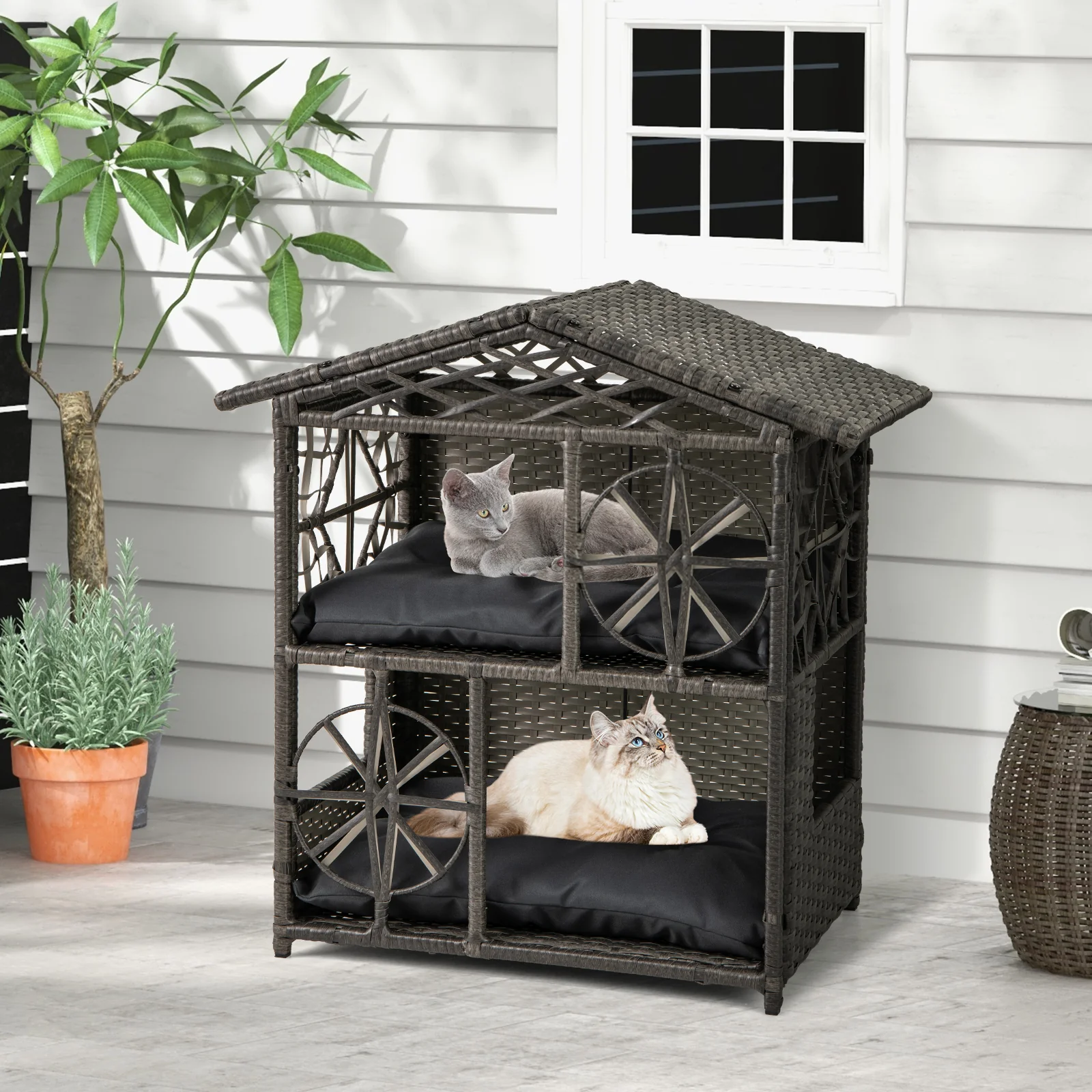 Wicker Cat House, 2-Storey Rattan Condo, Removable Cushions, Gray - Image 7