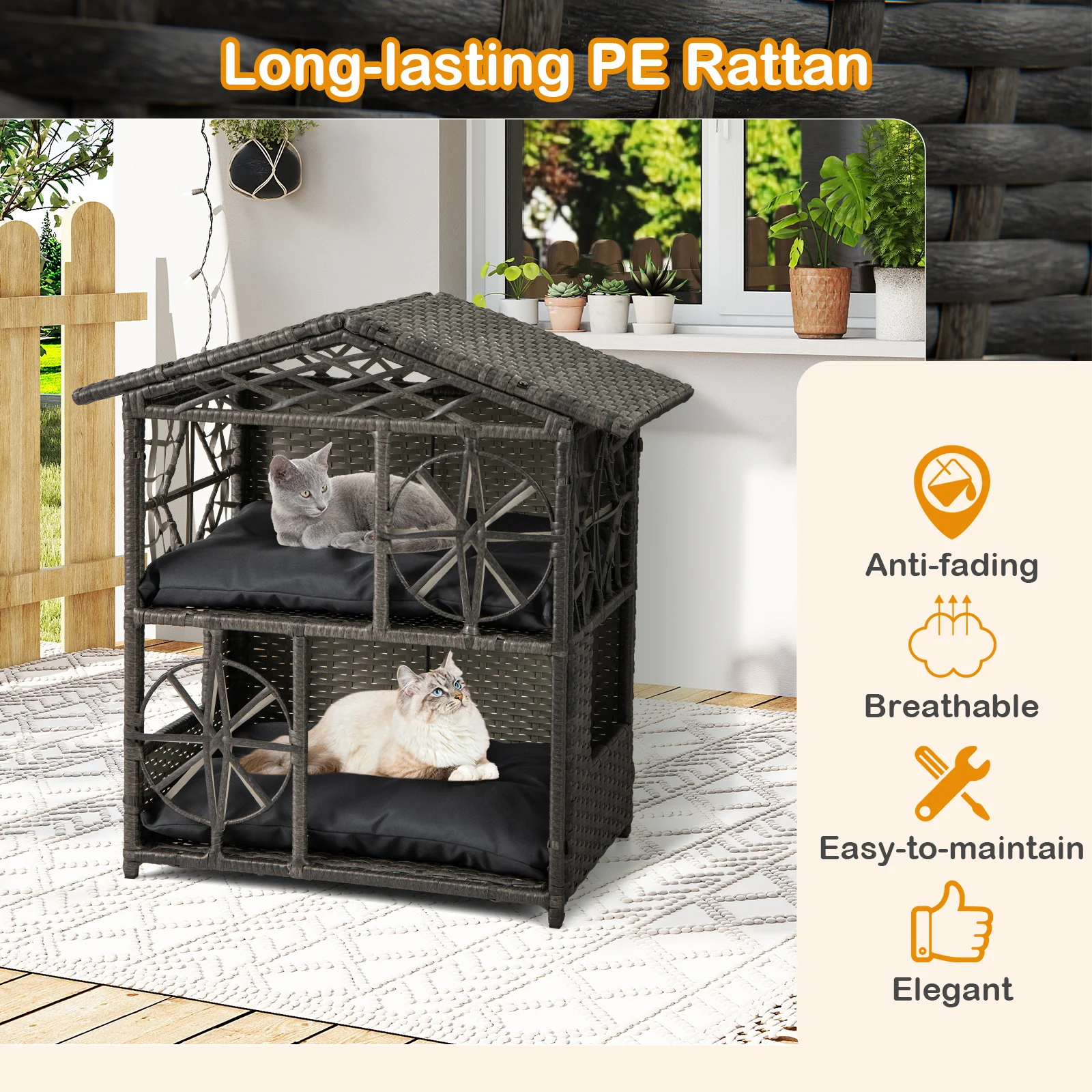 Wicker Cat House, 2-Storey Rattan Condo, Removable Cushions, Gray - Image 8