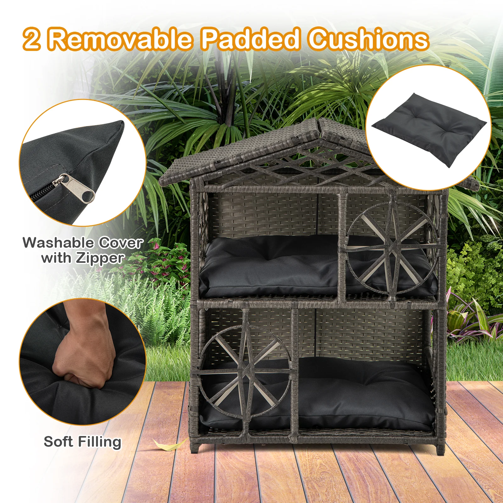 Wicker Cat House, 2-Storey Rattan Condo, Removable Cushions, Gray - Image 9