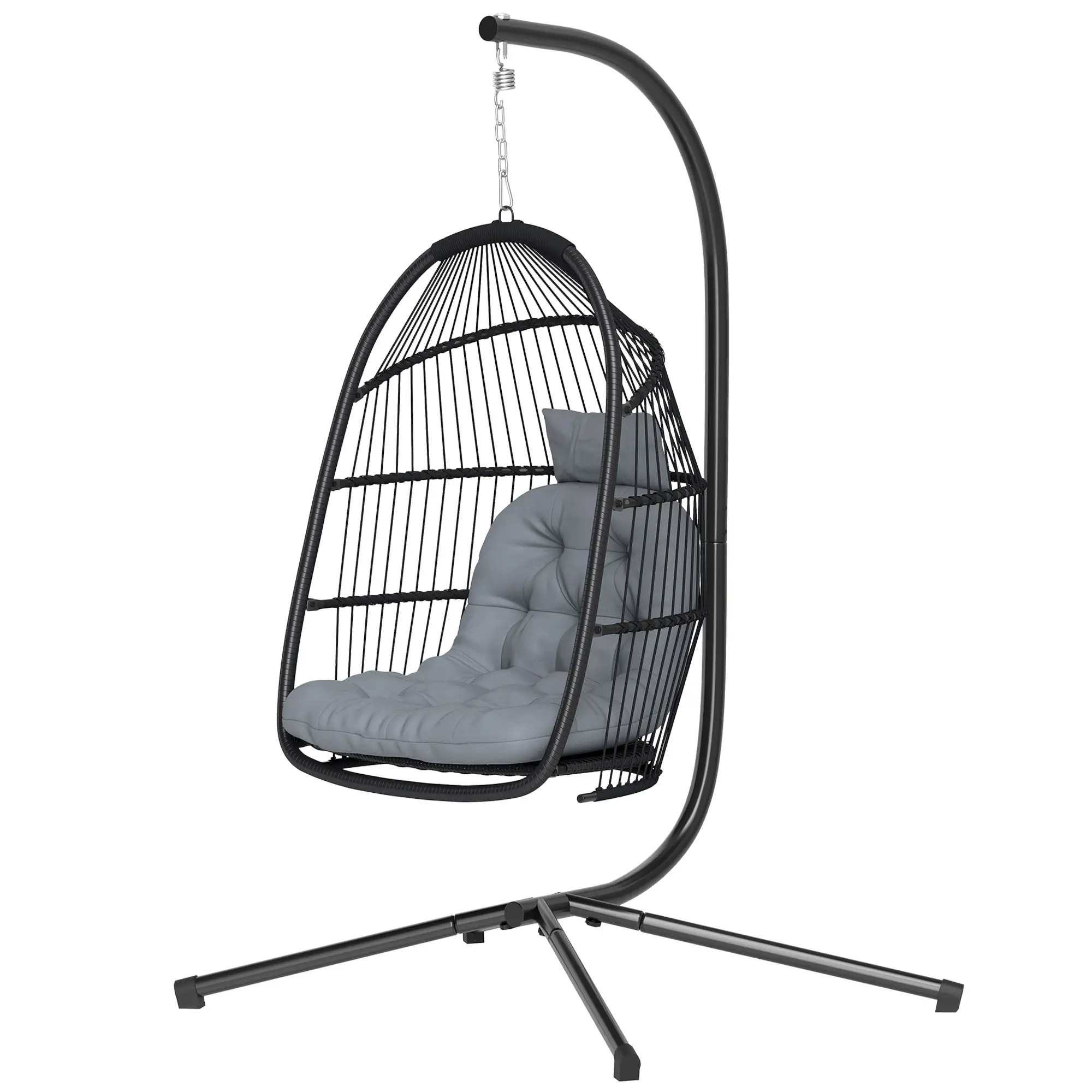 Wicker Egg Swing Chair, Foldable with Stand, UV Resistant Cushion, Headrest, Dark Grey