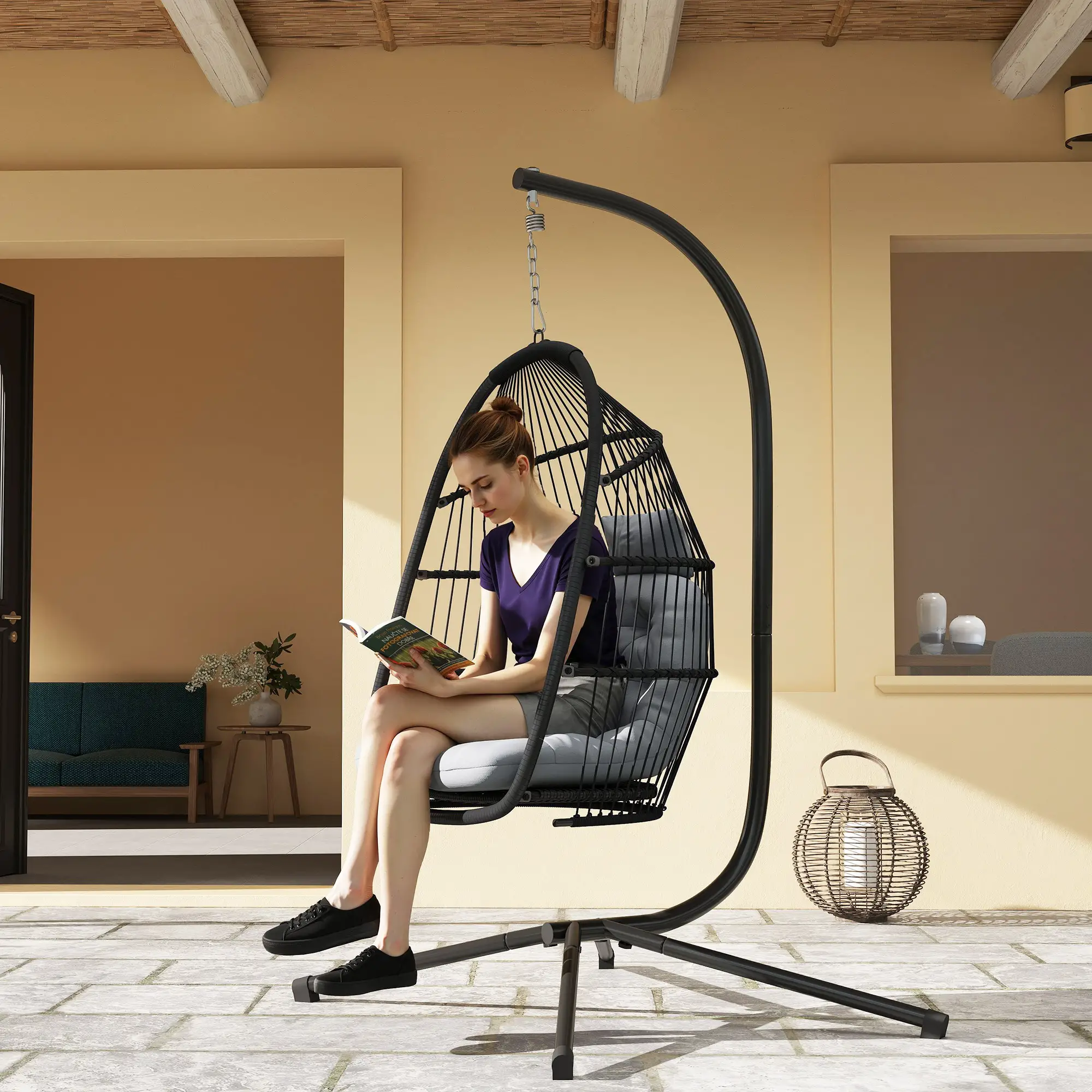 Wicker Egg Swing Chair, Foldable with Stand, UV Resistant Cushion, Headrest, Dark Grey - Image 10