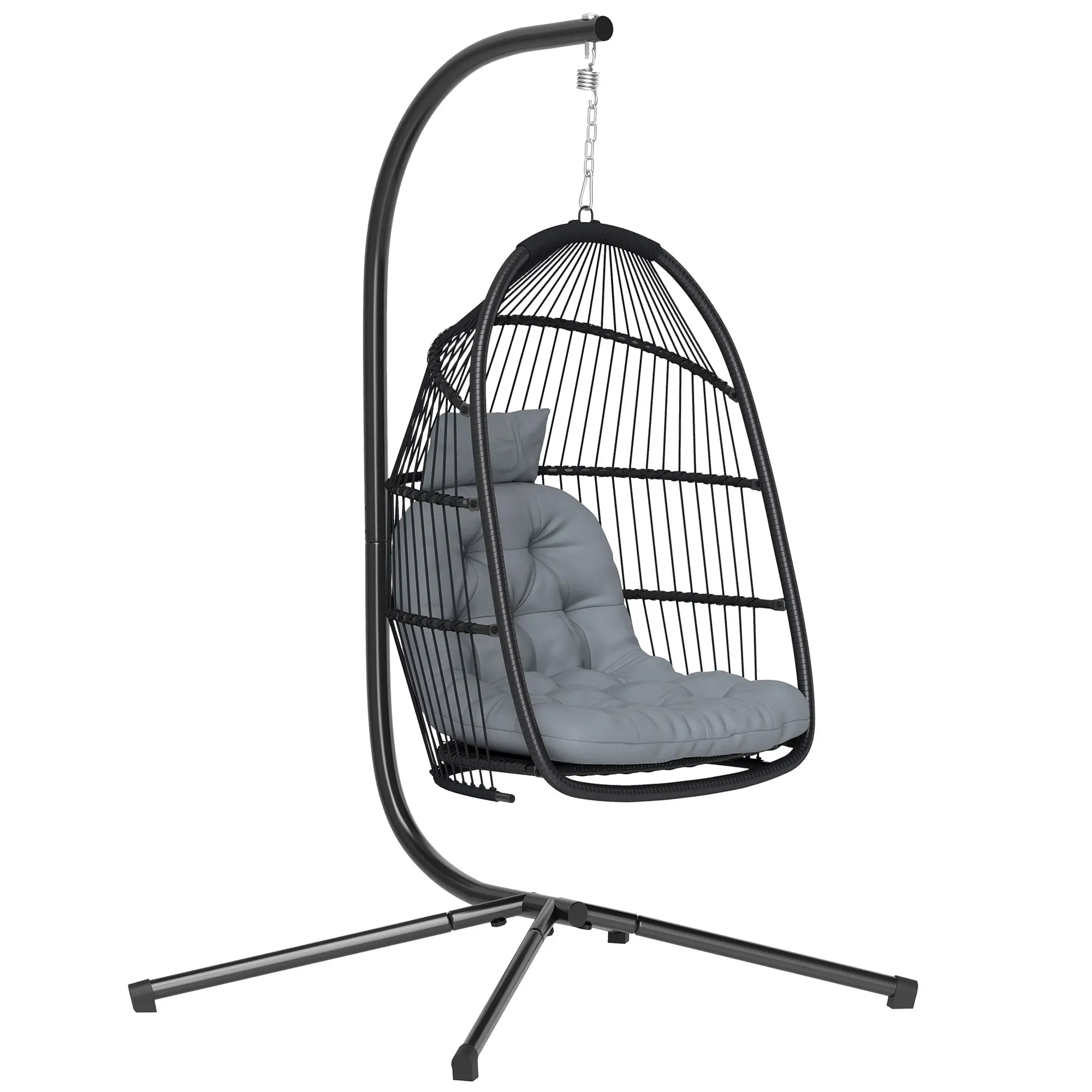 Wicker Egg Swing Chair, Foldable with Stand, UV Resistant Cushion, Headrest, Dark Grey - Image 11