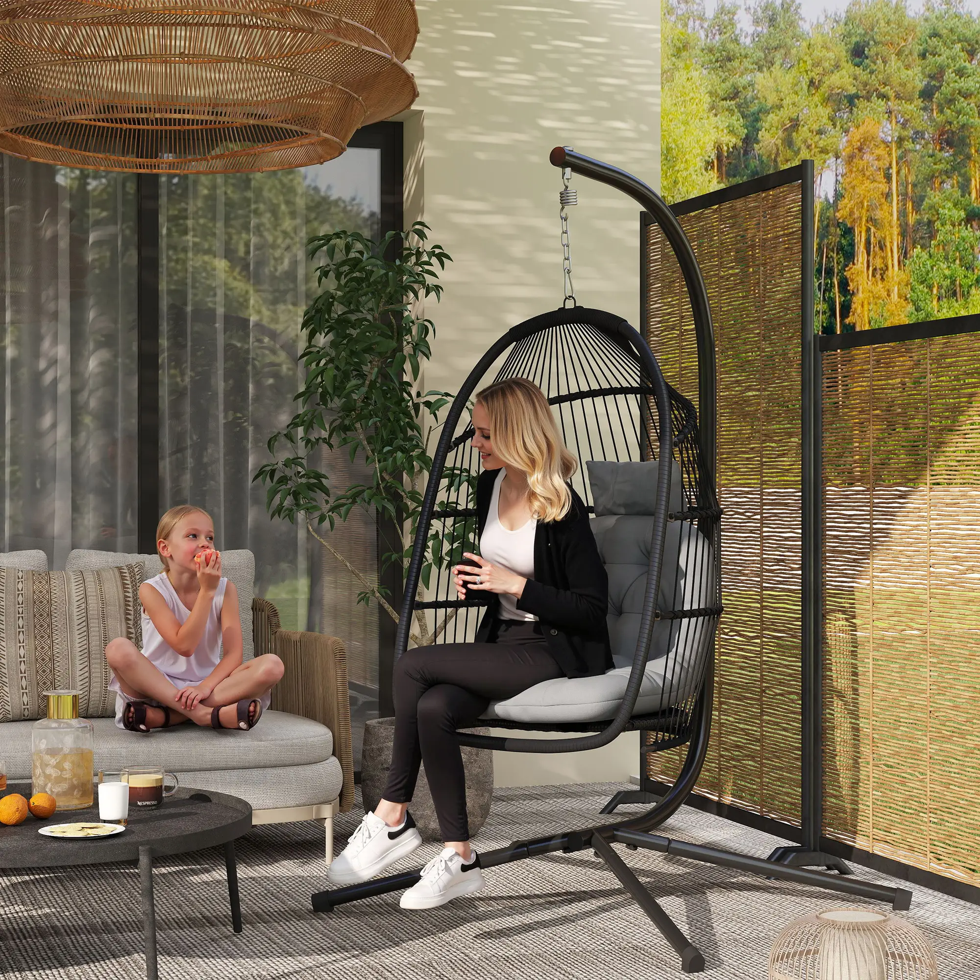 Wicker Egg Swing Chair, Foldable with Stand, UV Resistant Cushion, Headrest, Dark Grey - Image 2