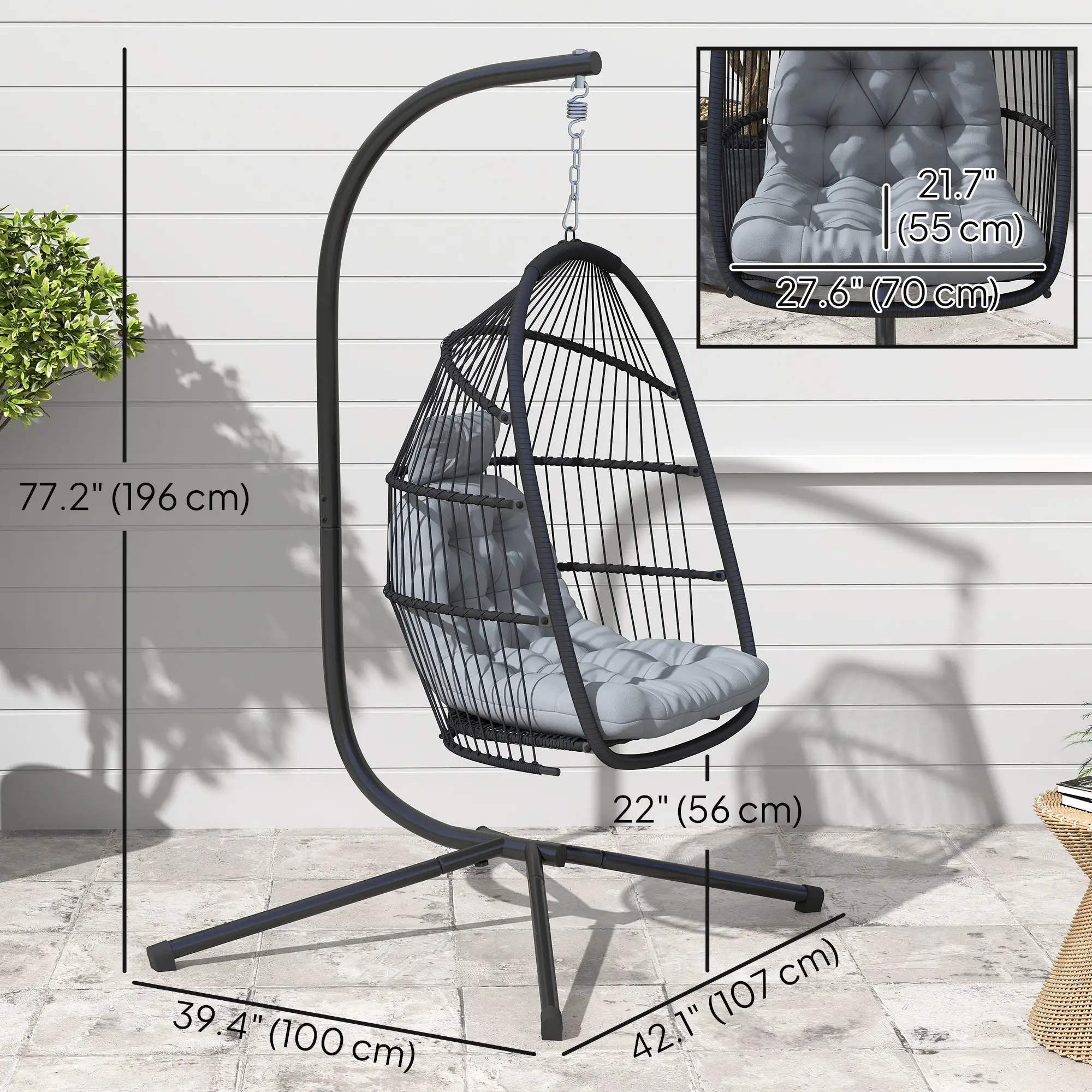 Wicker Egg Swing Chair, Foldable with Stand, UV Resistant Cushion, Headrest, Dark Grey - Image 3