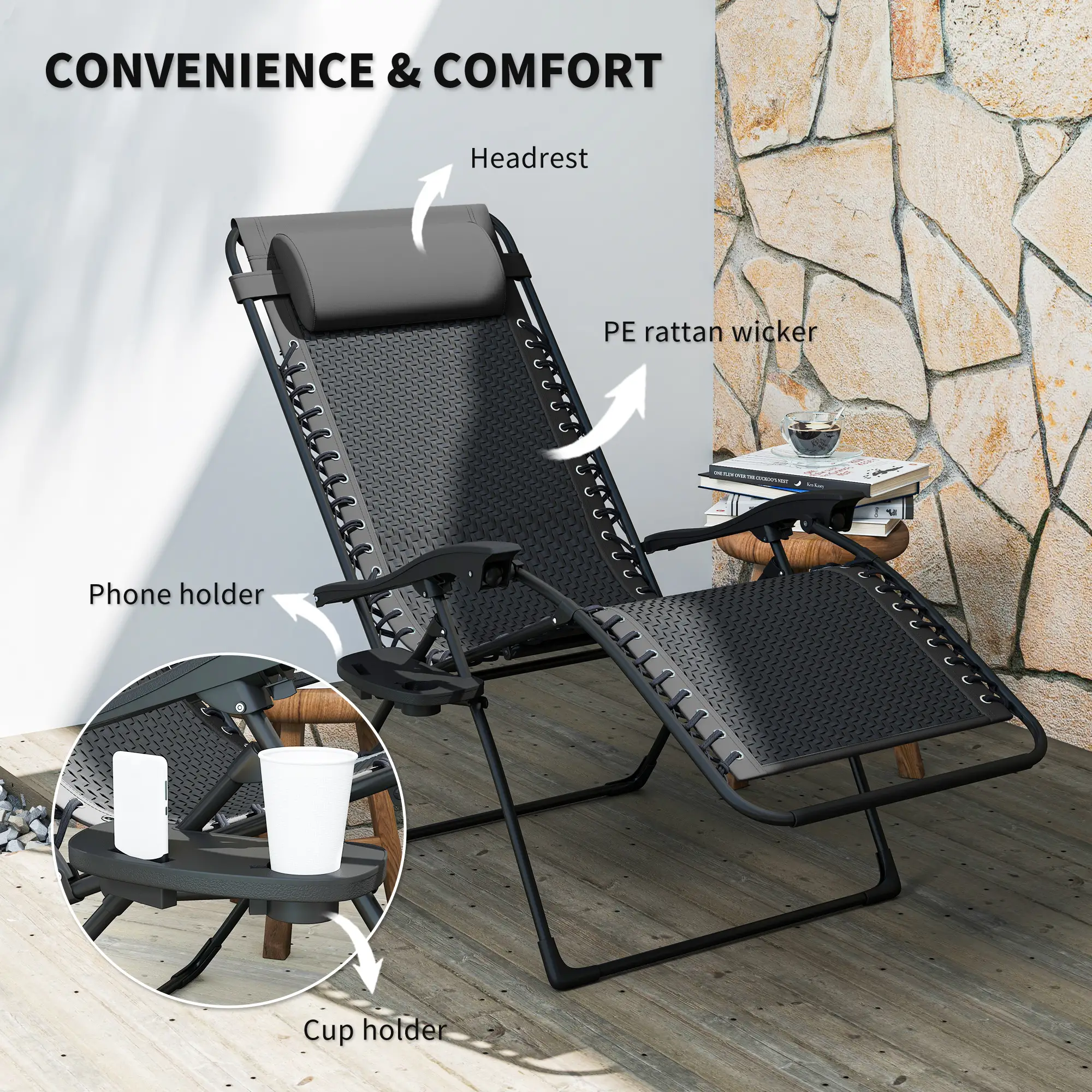 Wicker Folding Lounge Chair, Adjustable Backrest, Rattan Recliner with Headrest, Side Table Tray, Black - Image 6