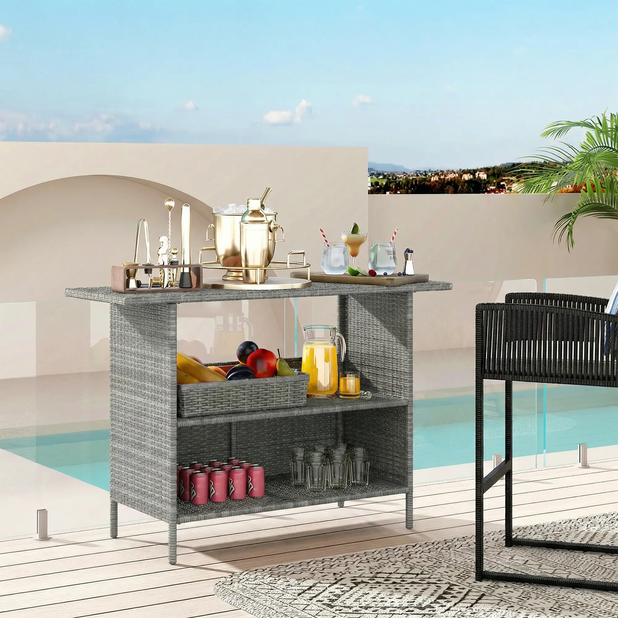 Wicker Outdoor Bar Table, PE Rattan, 2 Shelves, Steel Frame, Dark Grey, Dark Grey - Image 2