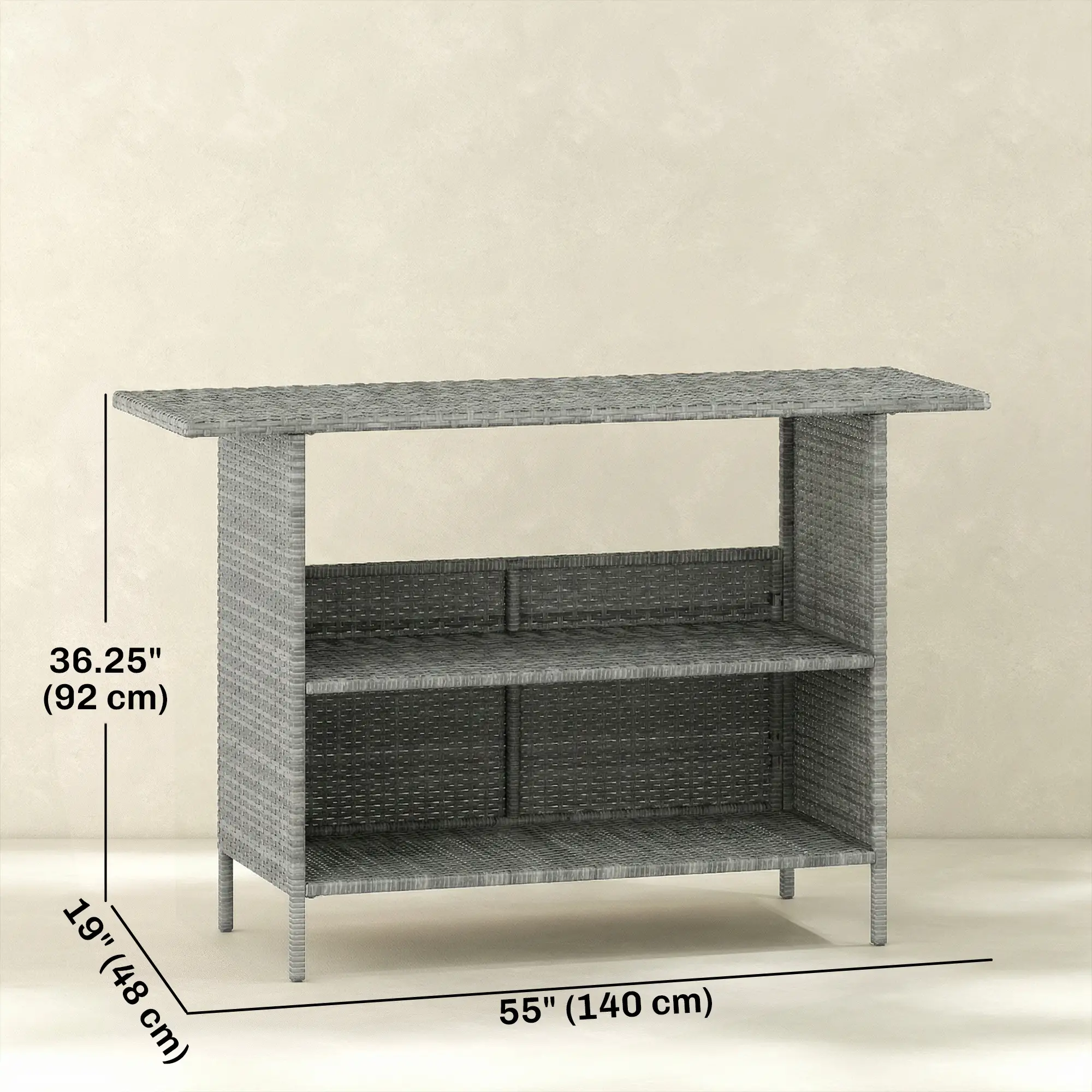 Wicker Outdoor Bar Table, PE Rattan, 2 Shelves, Steel Frame, Dark Grey, Dark Grey - Image 3
