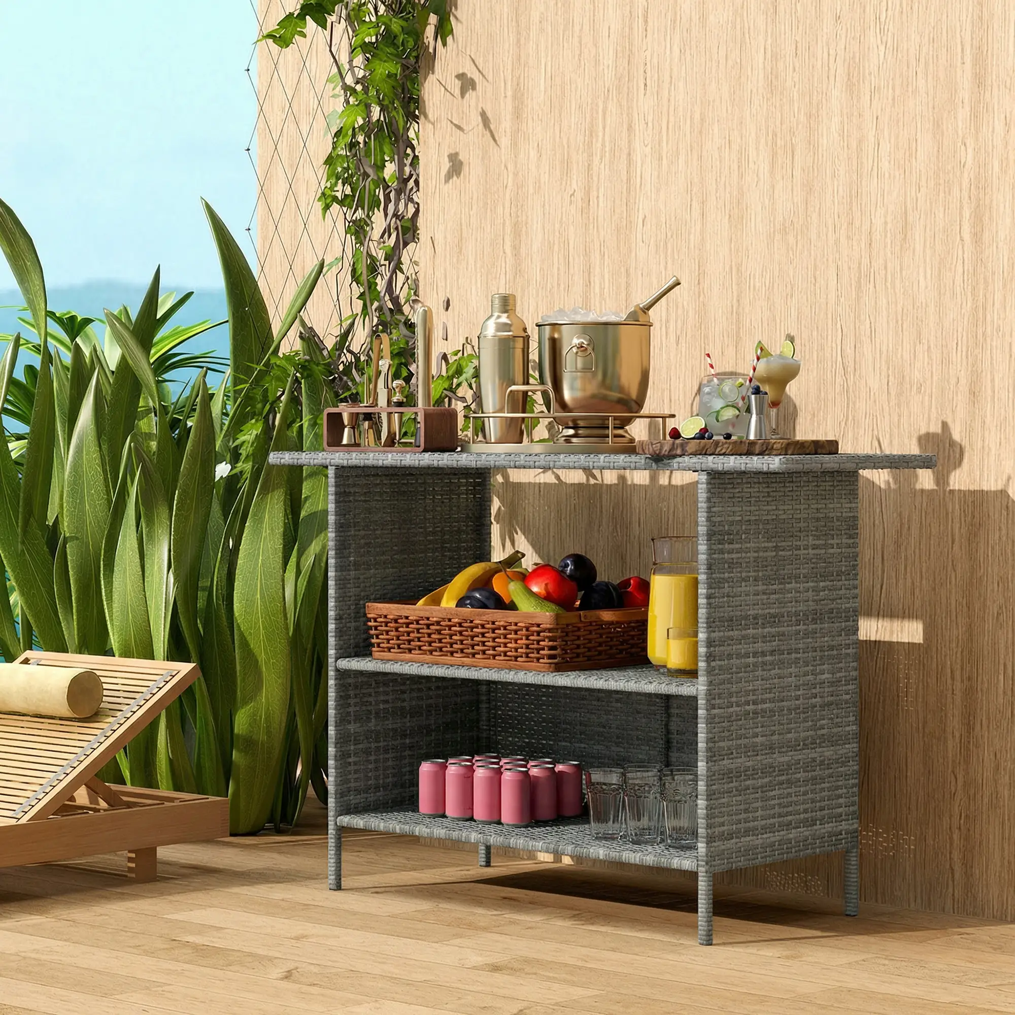 Wicker Outdoor Bar Table, PE Rattan, 2 Shelves, Steel Frame, Dark Grey, Dark Grey - Image 8