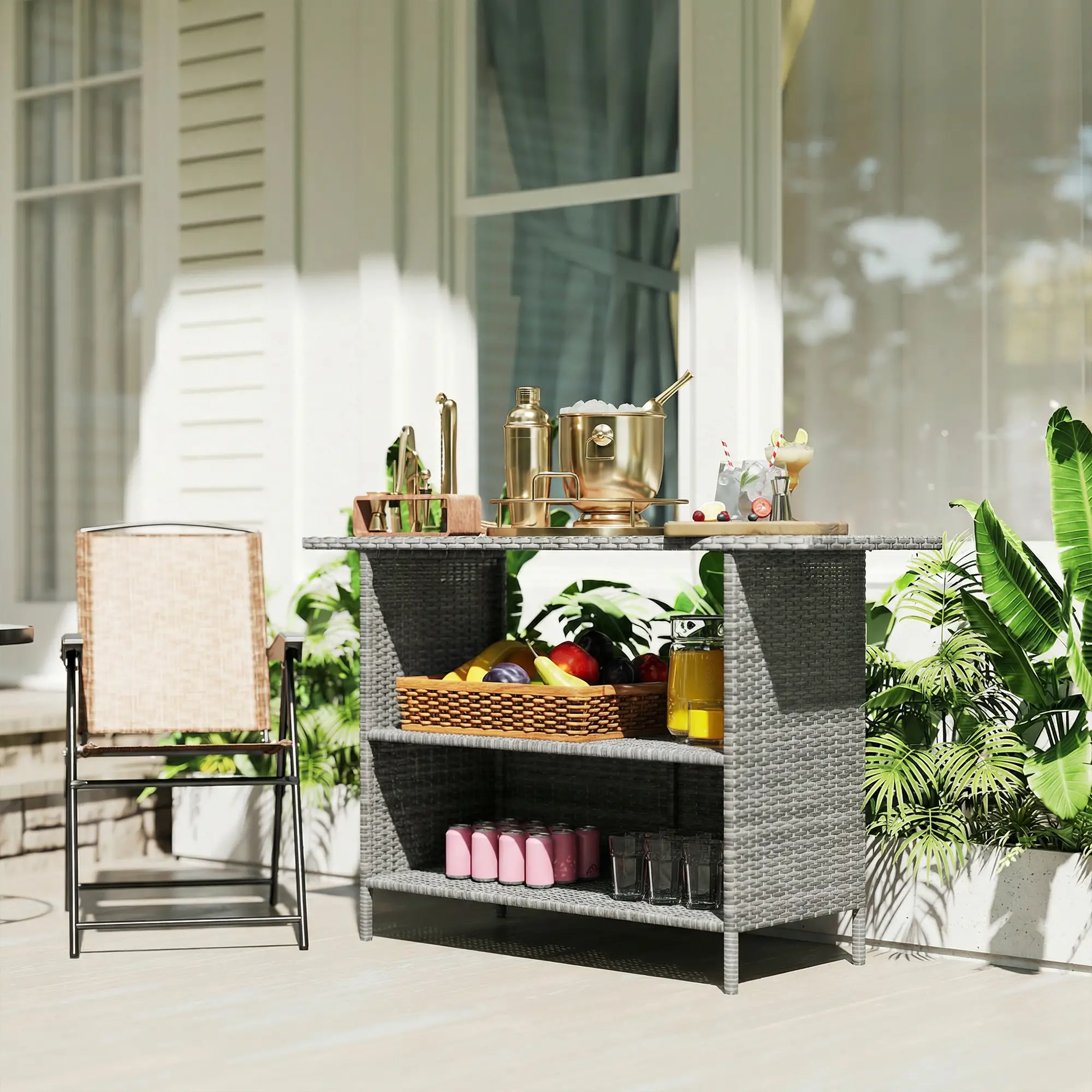 Wicker Outdoor Bar Table, PE Rattan, 2 Shelves, Steel Frame, Dark Grey, Dark Grey - Image 9