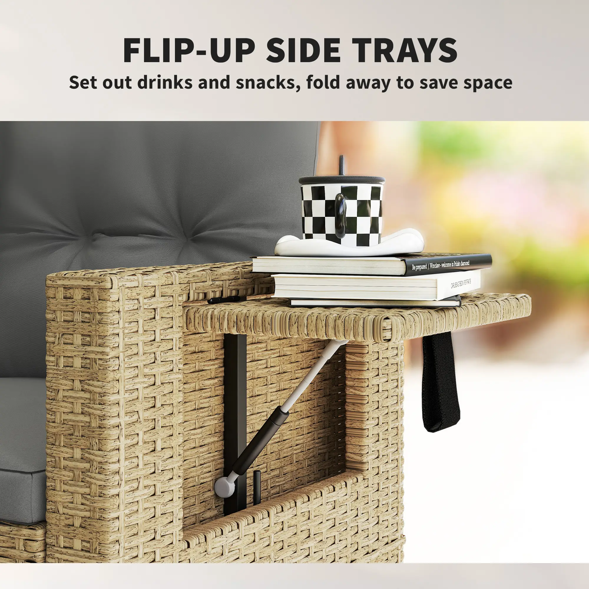 Wicker Outdoor Sofa With Side Trays, With Cushions, Light Grey - Image 5