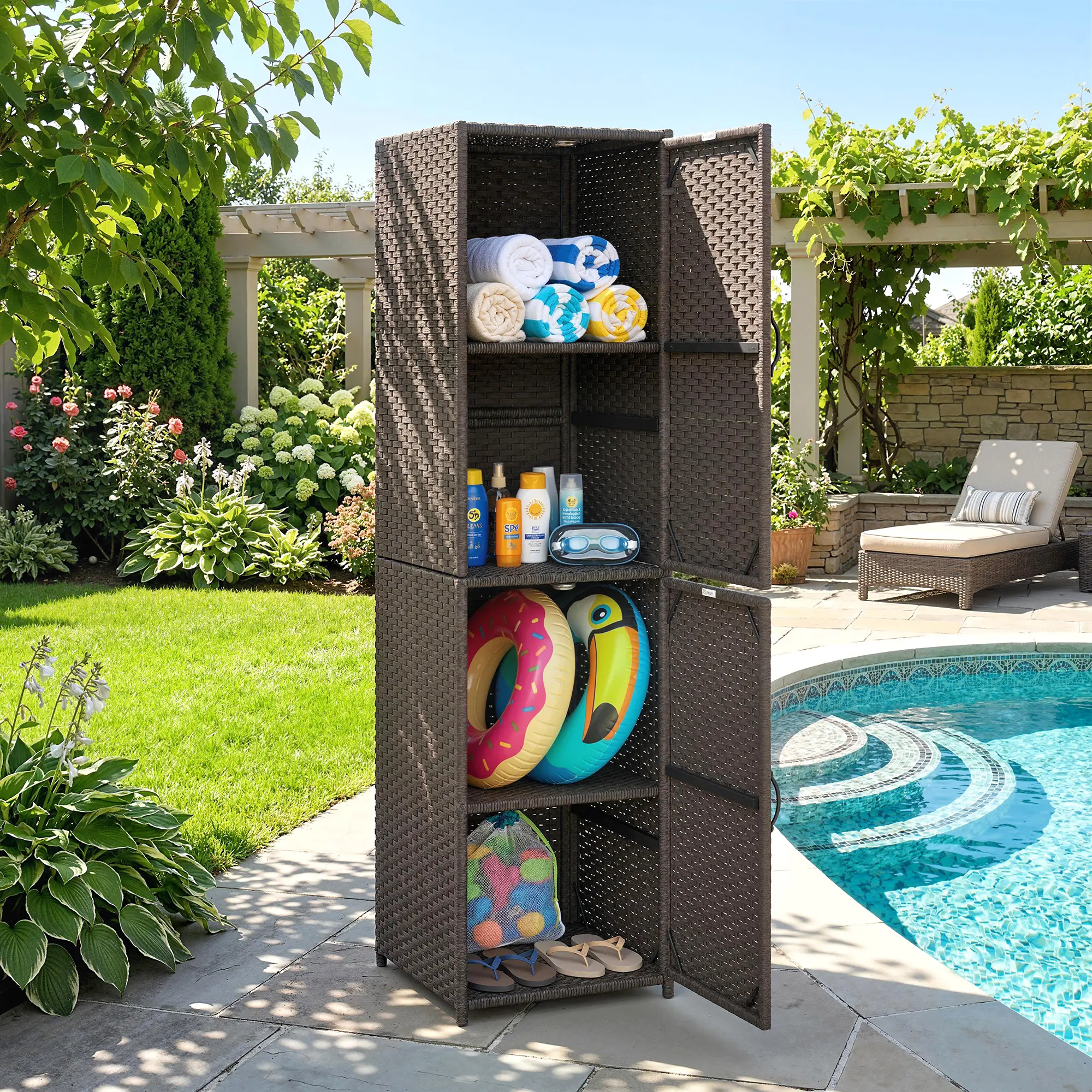 Wicker Outdoor Storage Cabinet, 4 Shelf Patio, Brown - Image 10