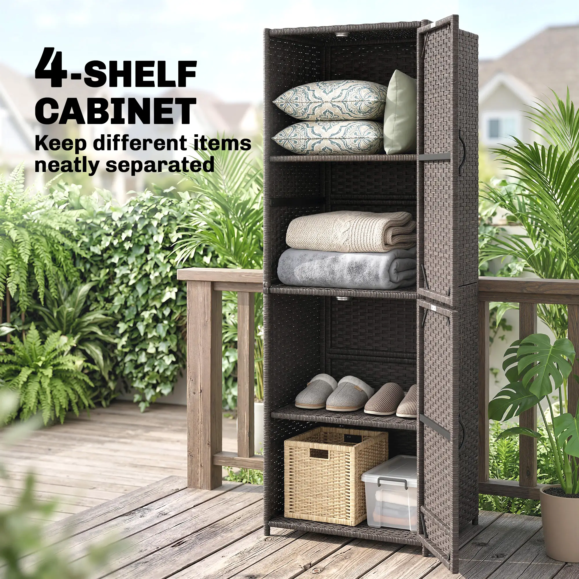 Wicker Outdoor Storage Cabinet, 4 Shelf Patio, Brown - Image 4