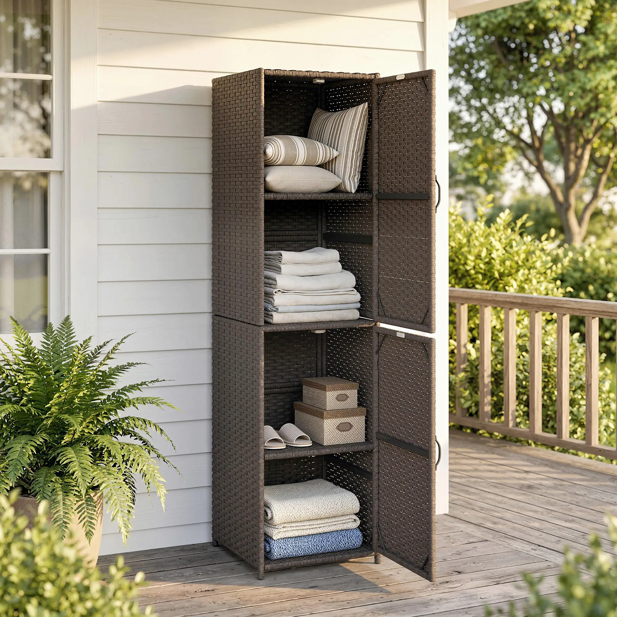 Wicker Outdoor Storage Cabinet, 4 Shelf Patio, Brown - Image 8