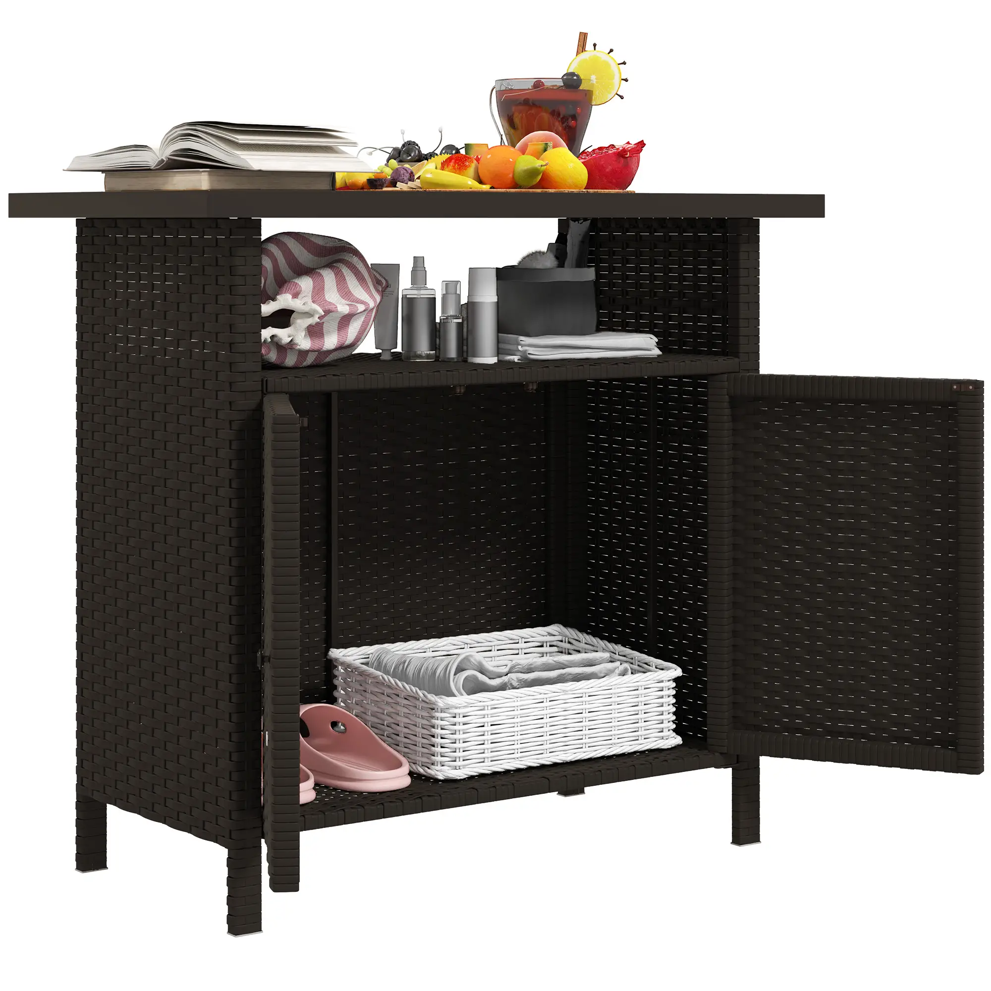 Wicker Outdoor Storage Cabinet, Two Doors With Shelf, Dark Coffee - Image 11